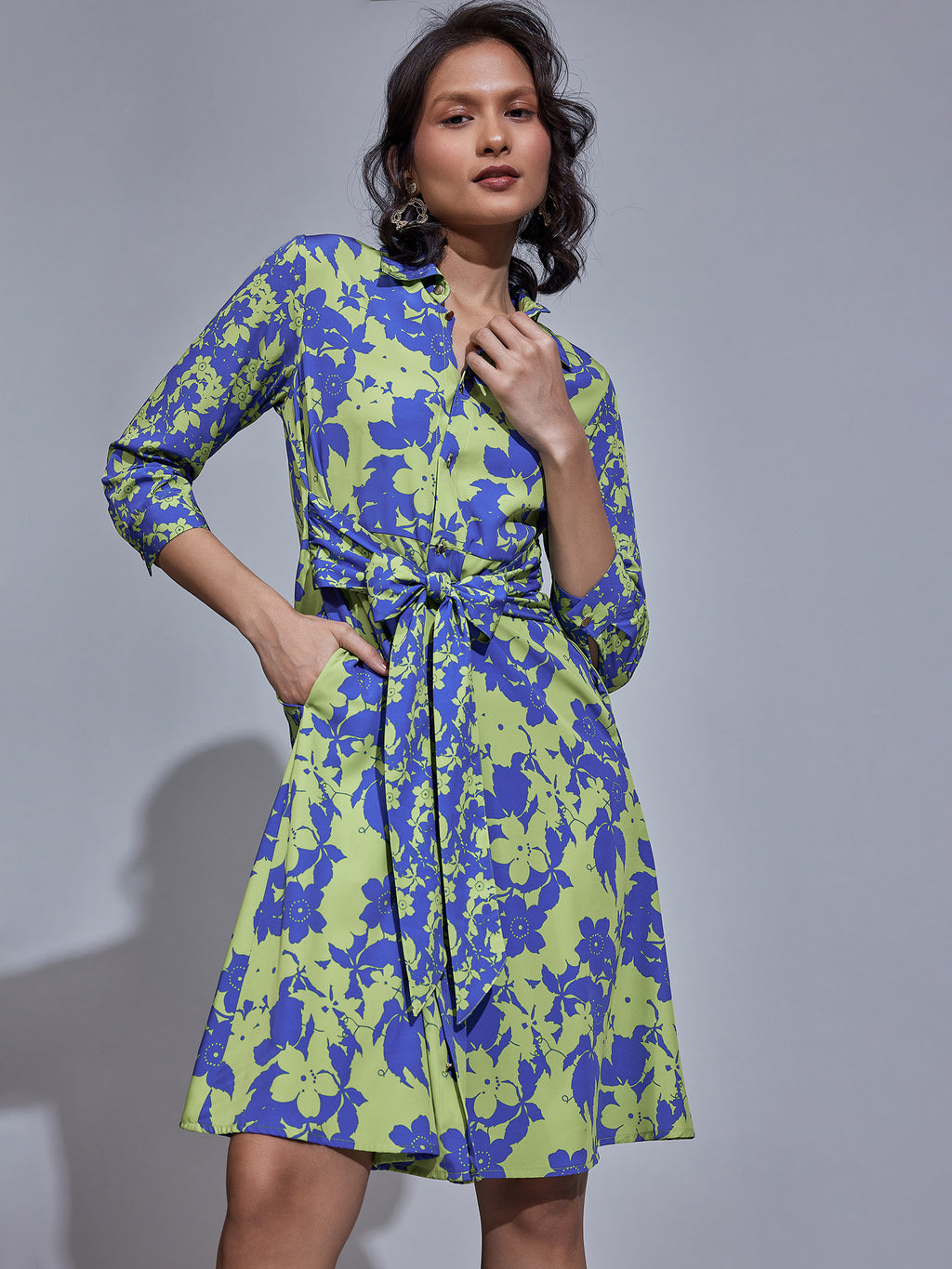 Blue & Pear Floral Print Shirt Dress