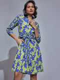 Blue & Pear Floral Print Shirt Dress