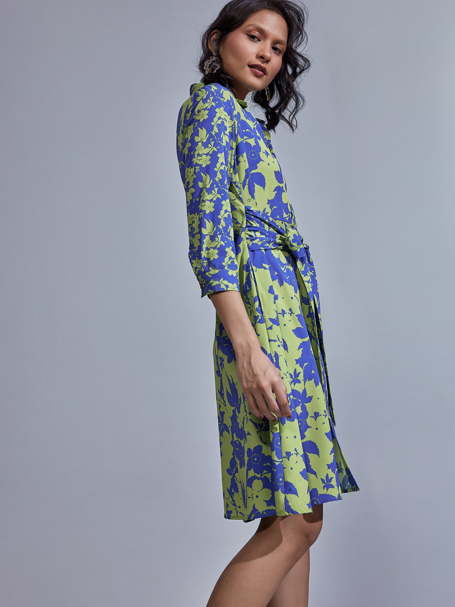 Blue & Pear Floral Print Shirt Dress