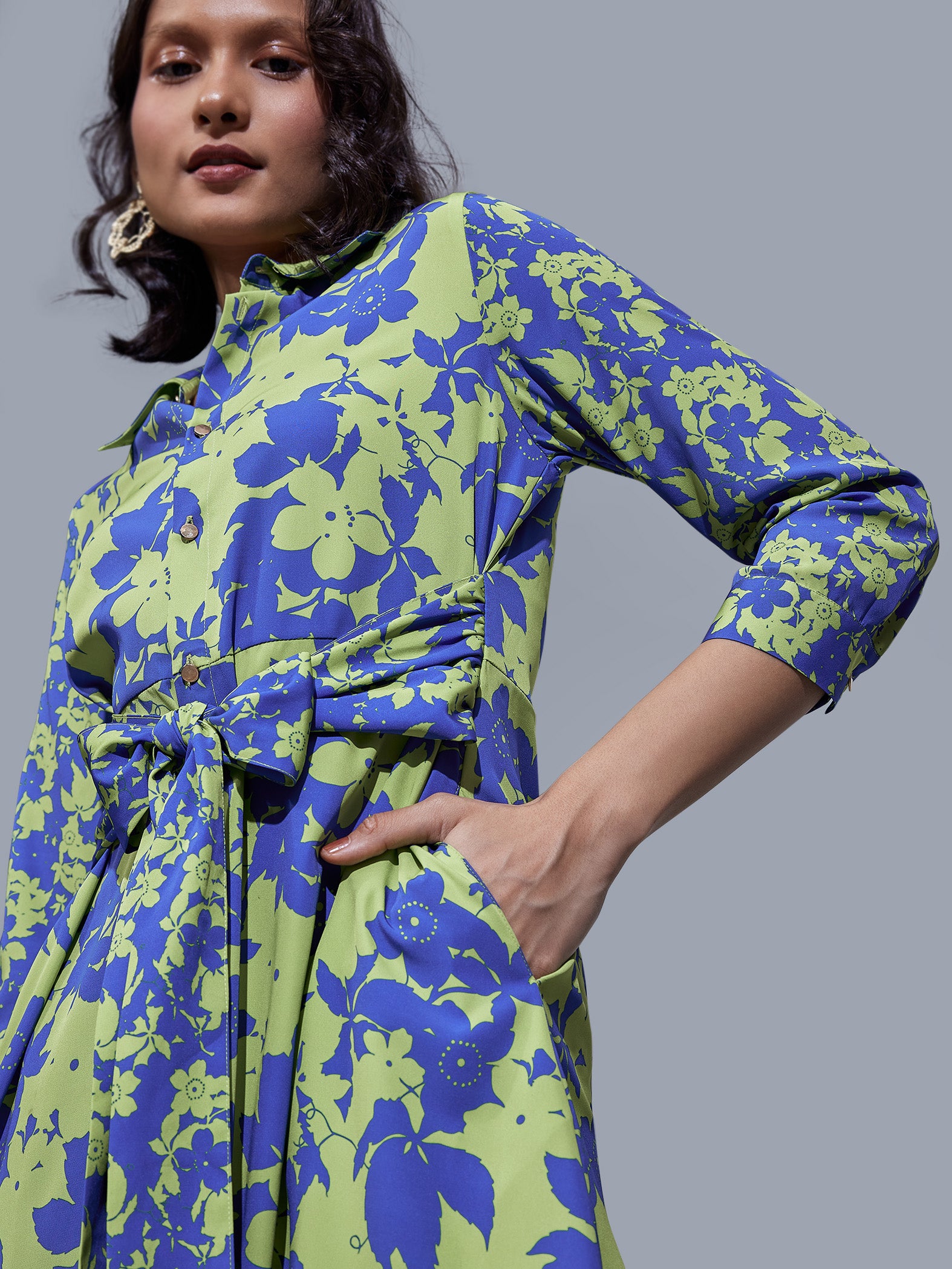 Blue & Pear Floral Print Shirt Dress