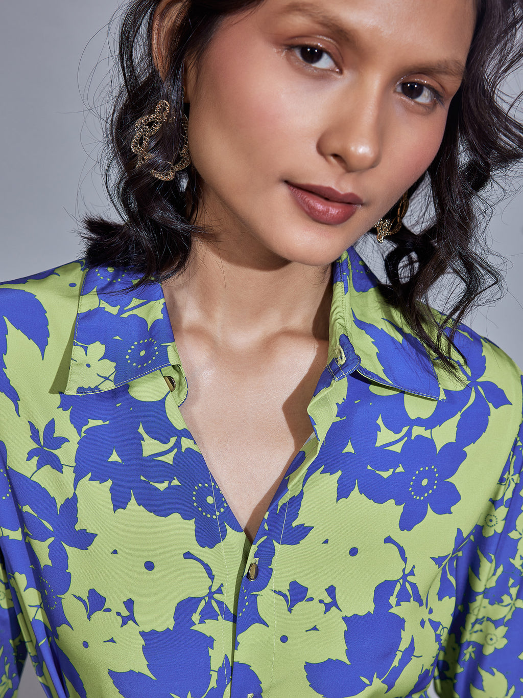 Blue & Pear Floral Print Shirt Dress