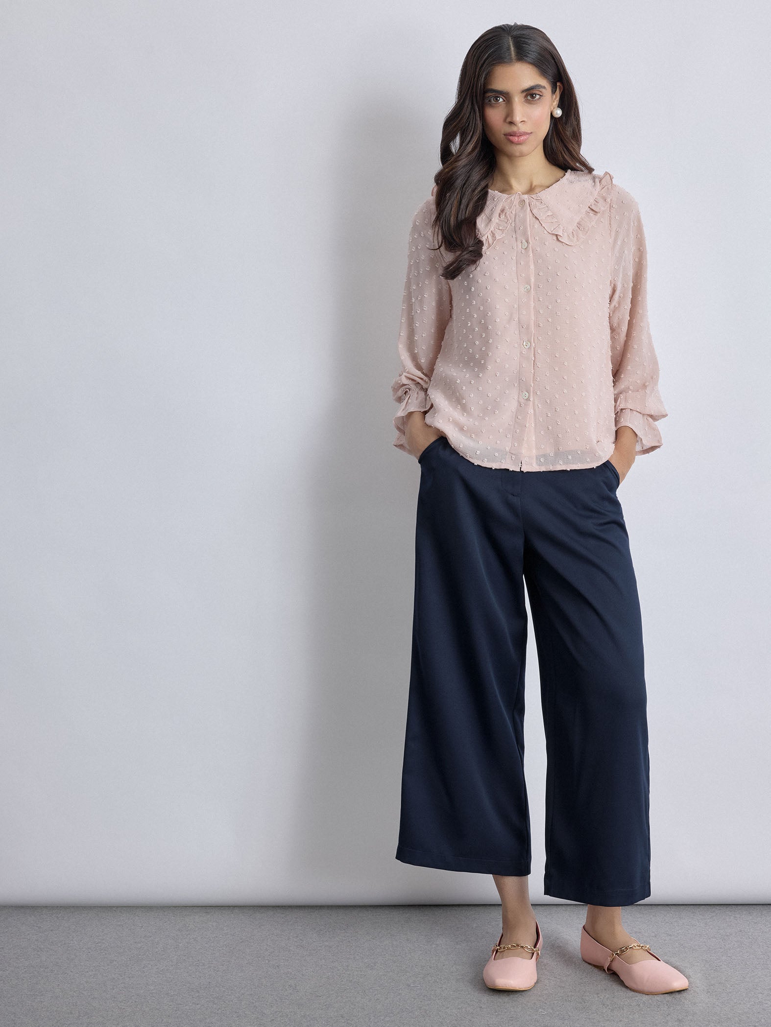 Blush Dobby Ruffled Collar Shirt