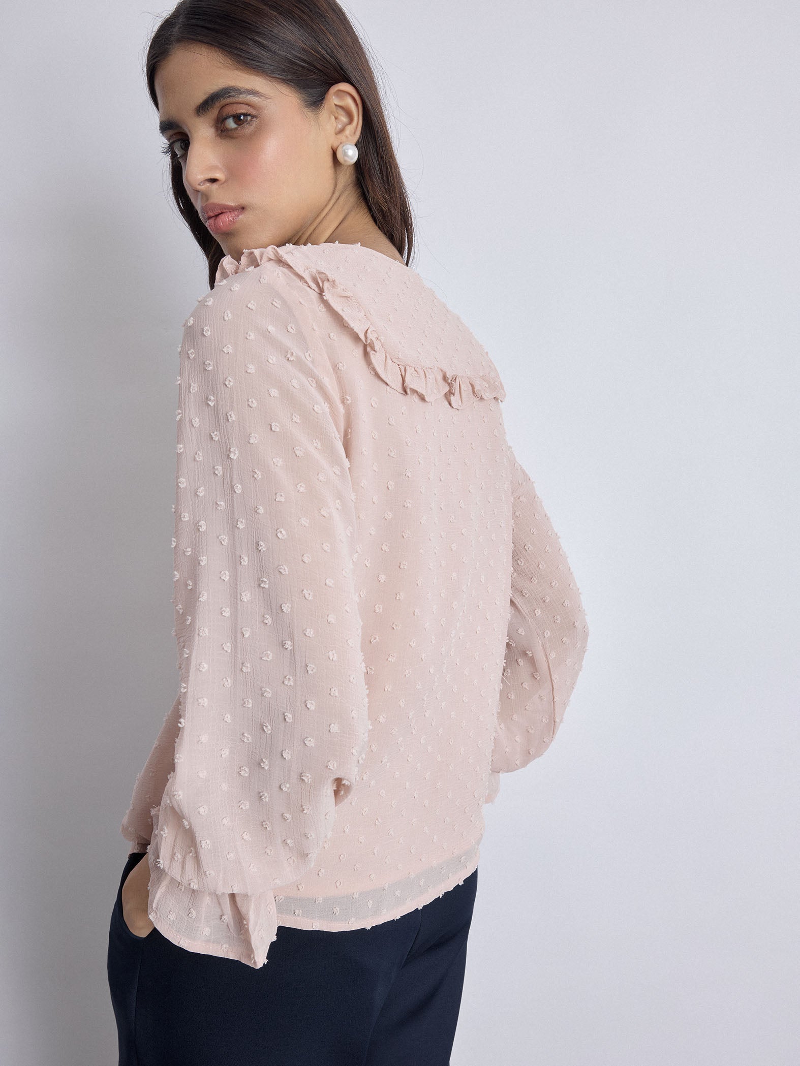 Blush Dobby Ruffled Collar Shirt