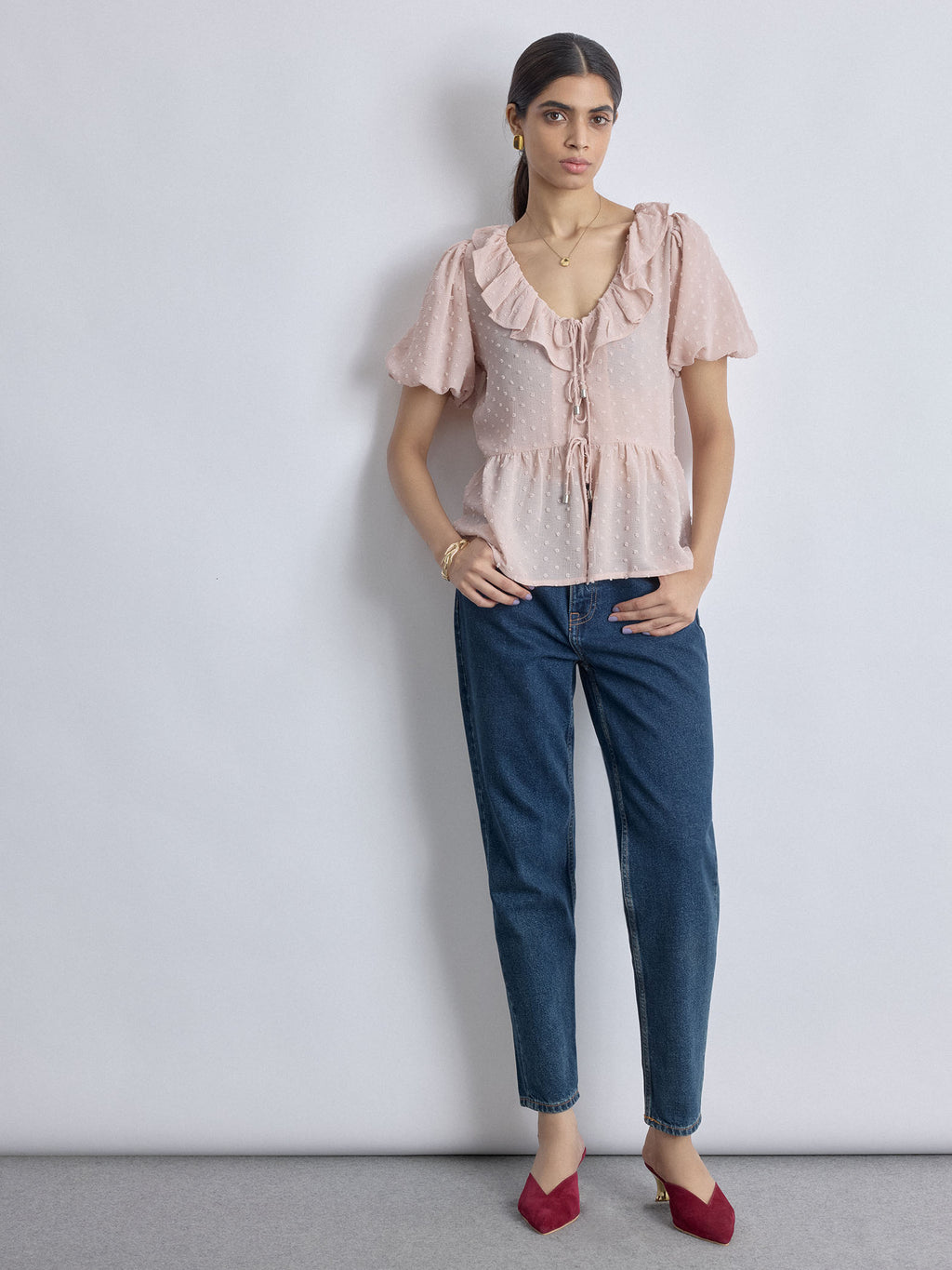 Blush Dobby Ruffled Tie Up Top