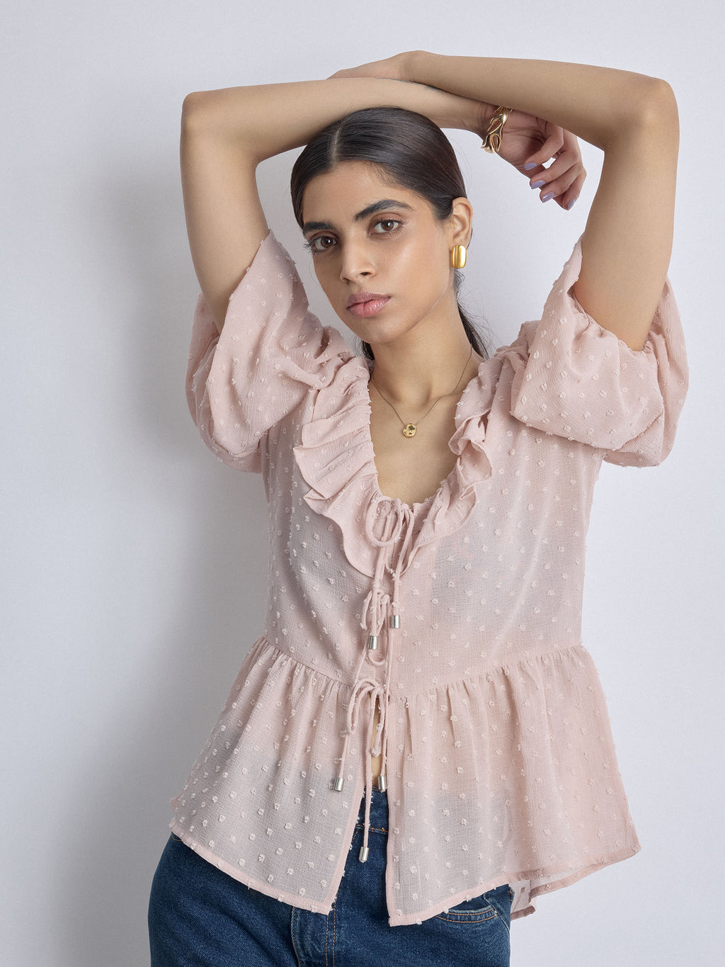 Blush Dobby Ruffled Tie Up Top
