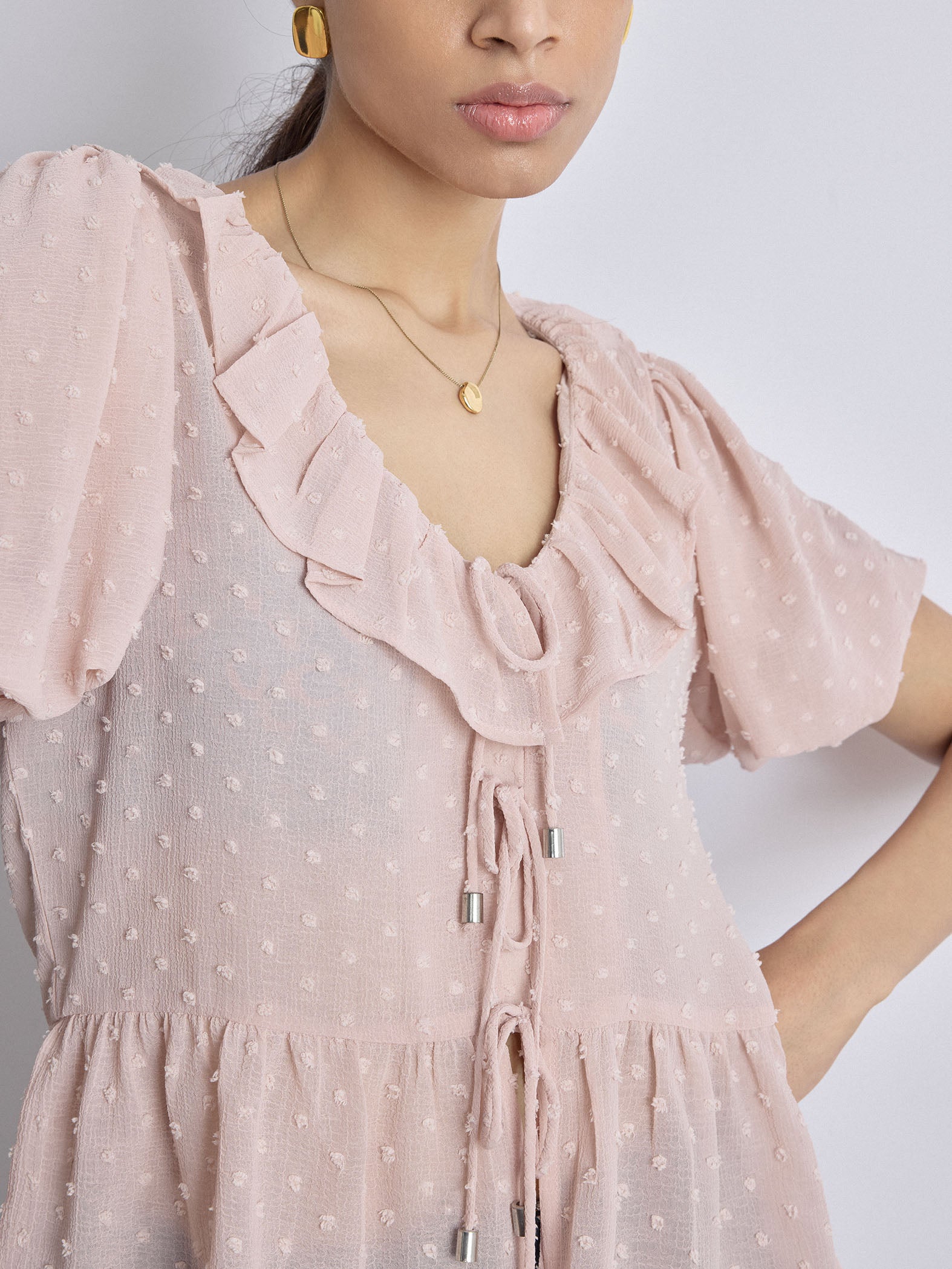 Blush Dobby Ruffled Tie Up Top