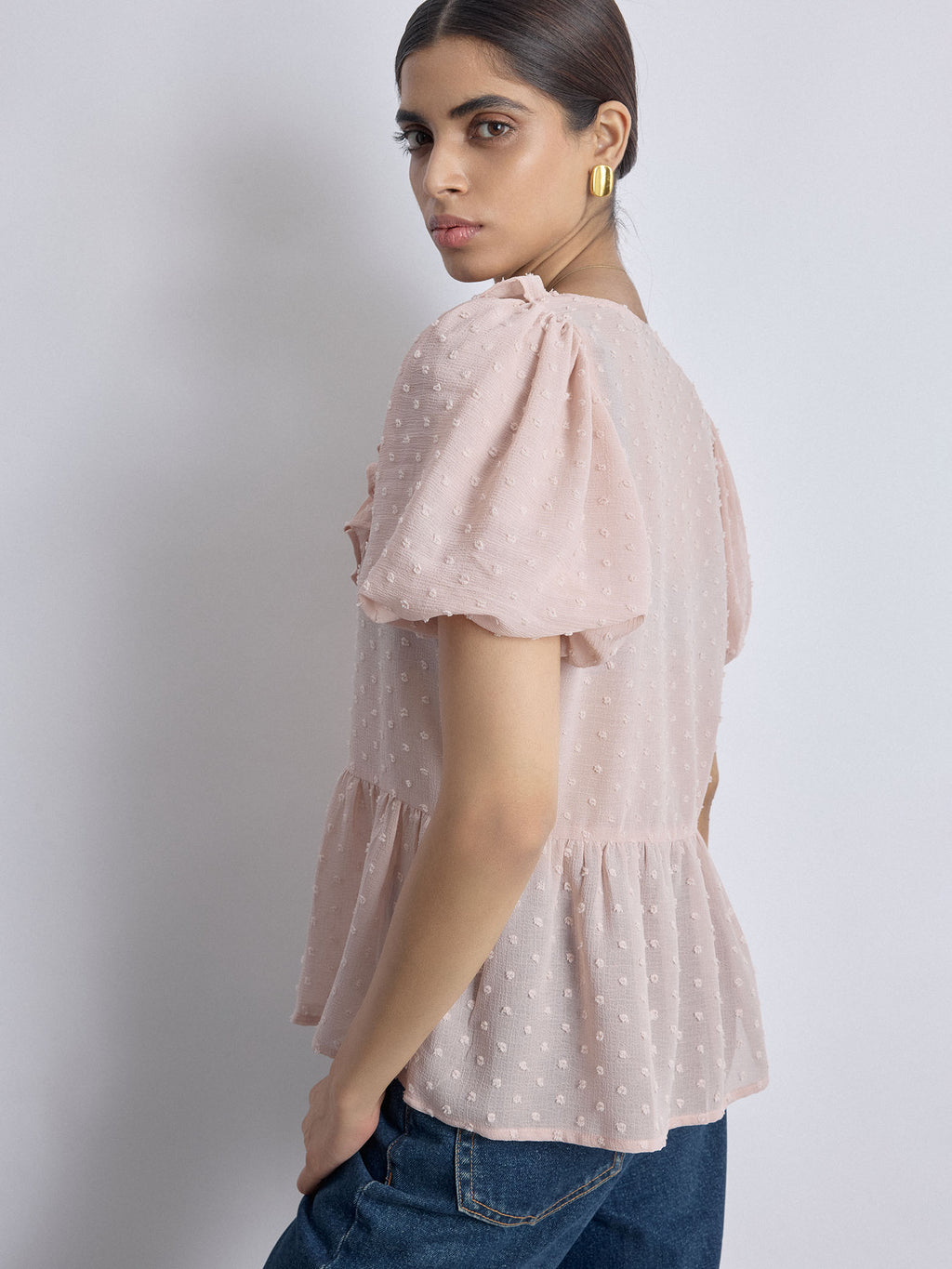 Blush Dobby Ruffled Tie Up Top