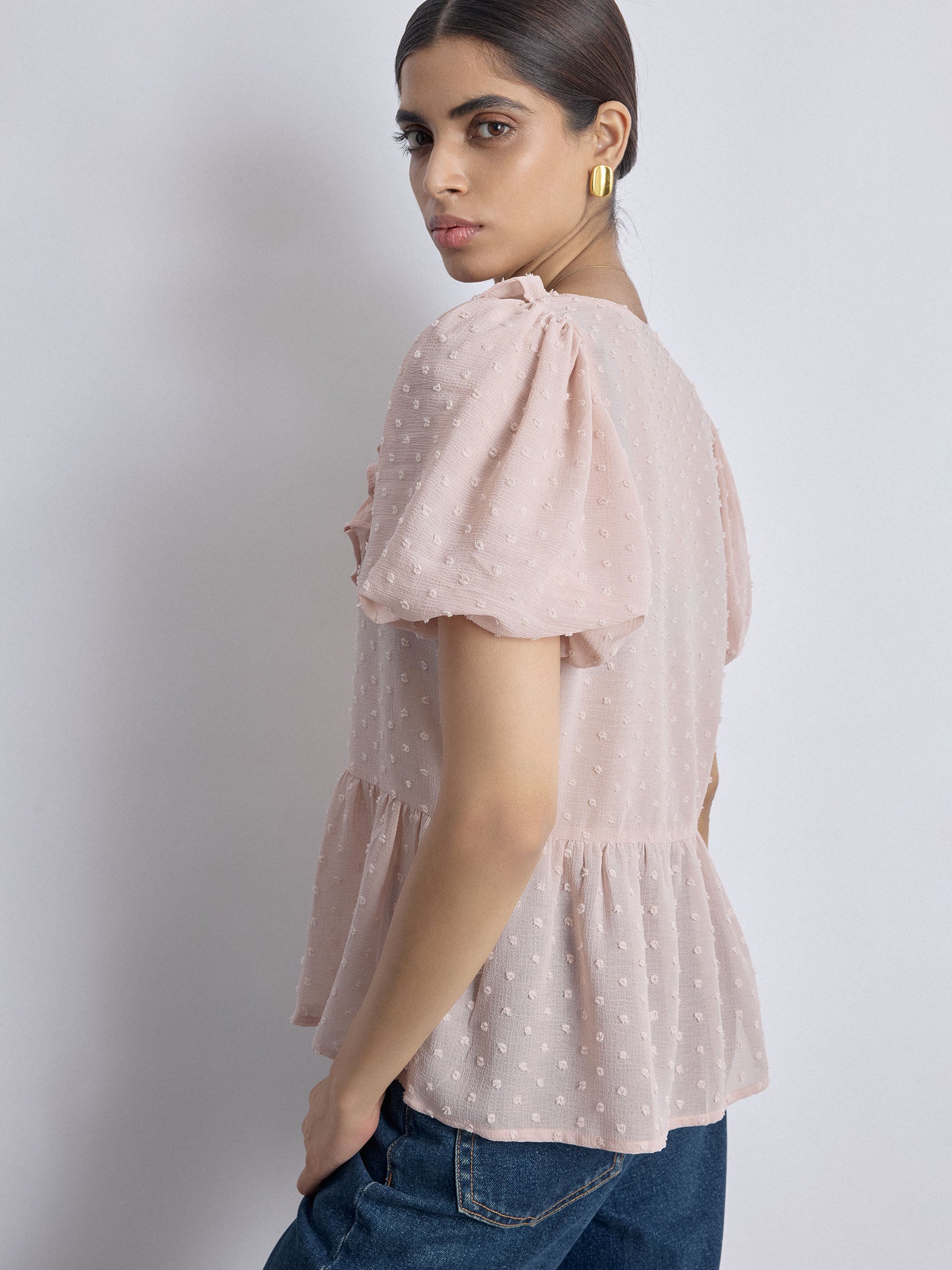 Blush Dobby Ruffled Tie Up Top