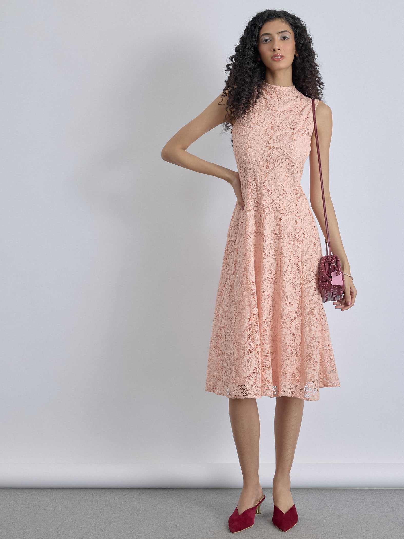 Blush Lace Panelled Midi Dress