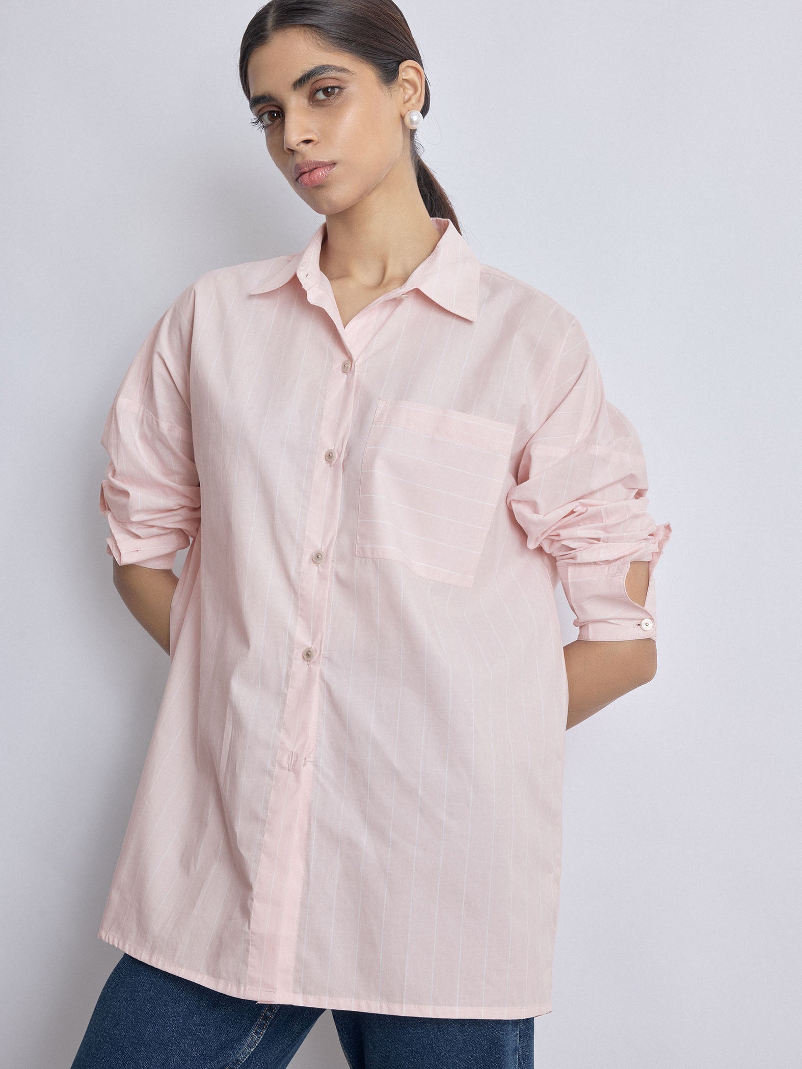 Blush Striped Back Overlap Shirt