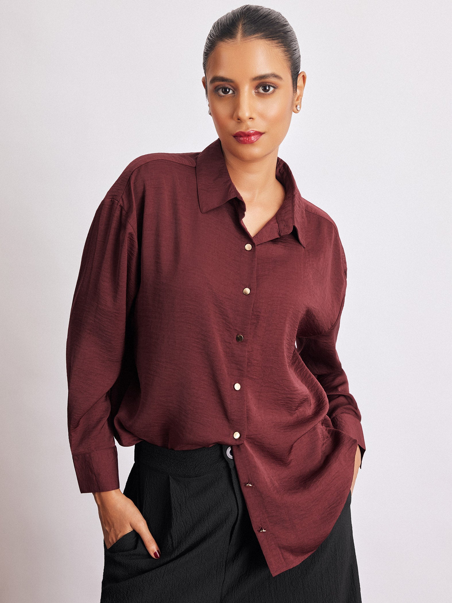 Burgundy Hammered Satin Shirt