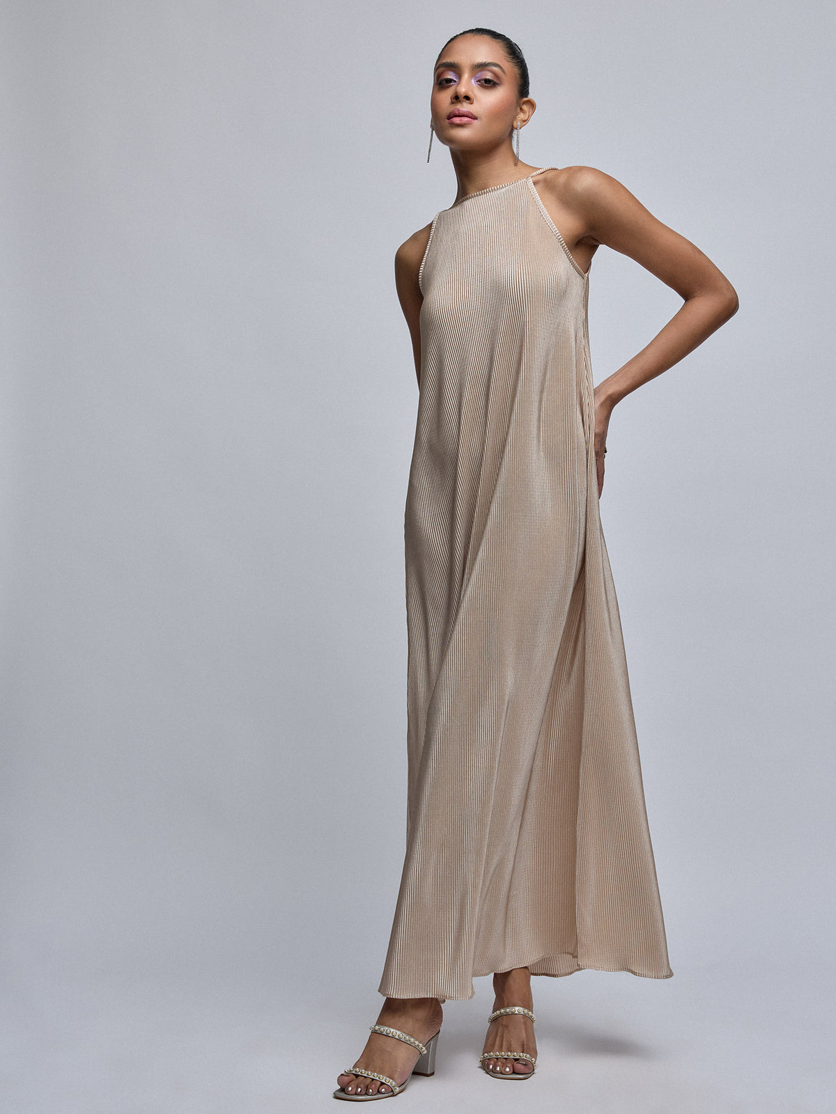 Champagne Pleated Halter Dress