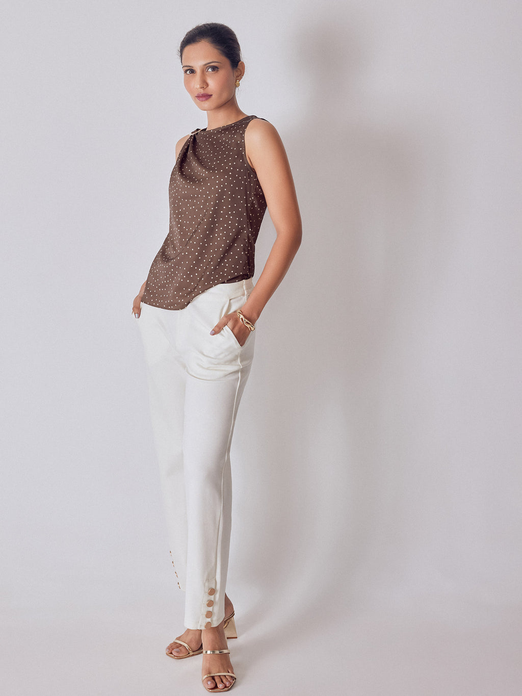 Cocoa Polka Satin Buckled Top