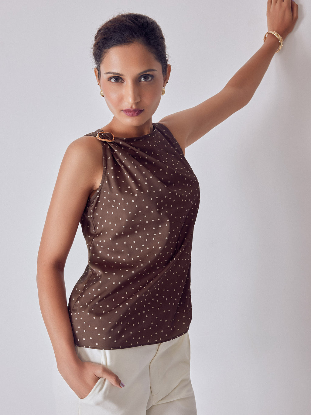 Cocoa Polka Satin Buckled Top