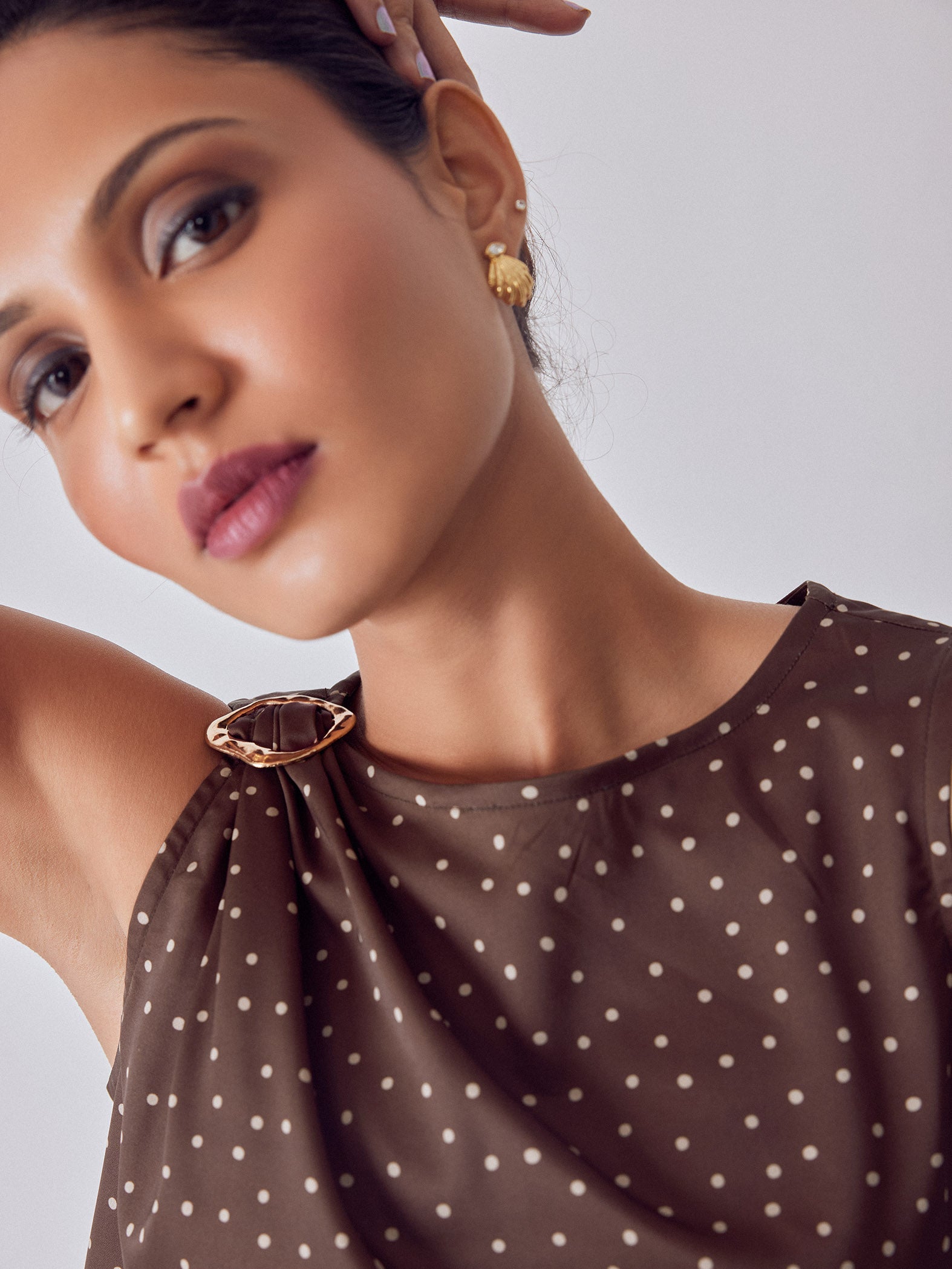 Cocoa Polka Satin Buckled Top