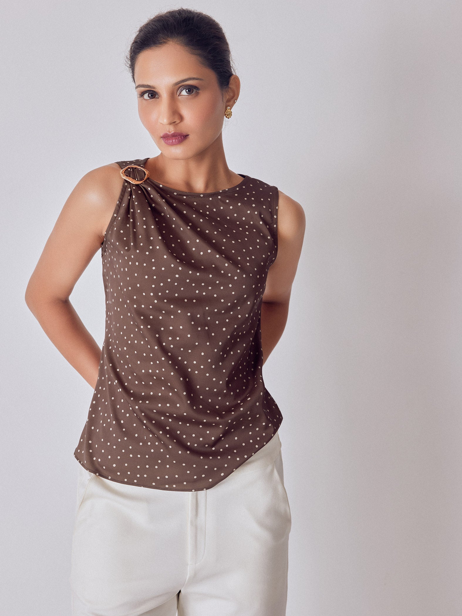 Cocoa Polka Satin Buckled Top
