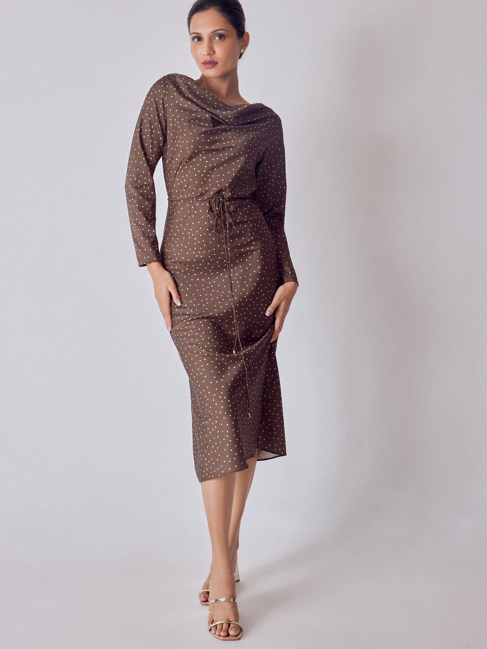 Cocoa Polka Satin Maxi Dress