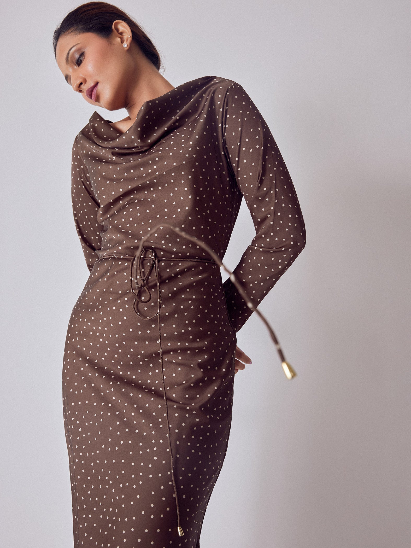 Cocoa Polka Satin Maxi Dress
