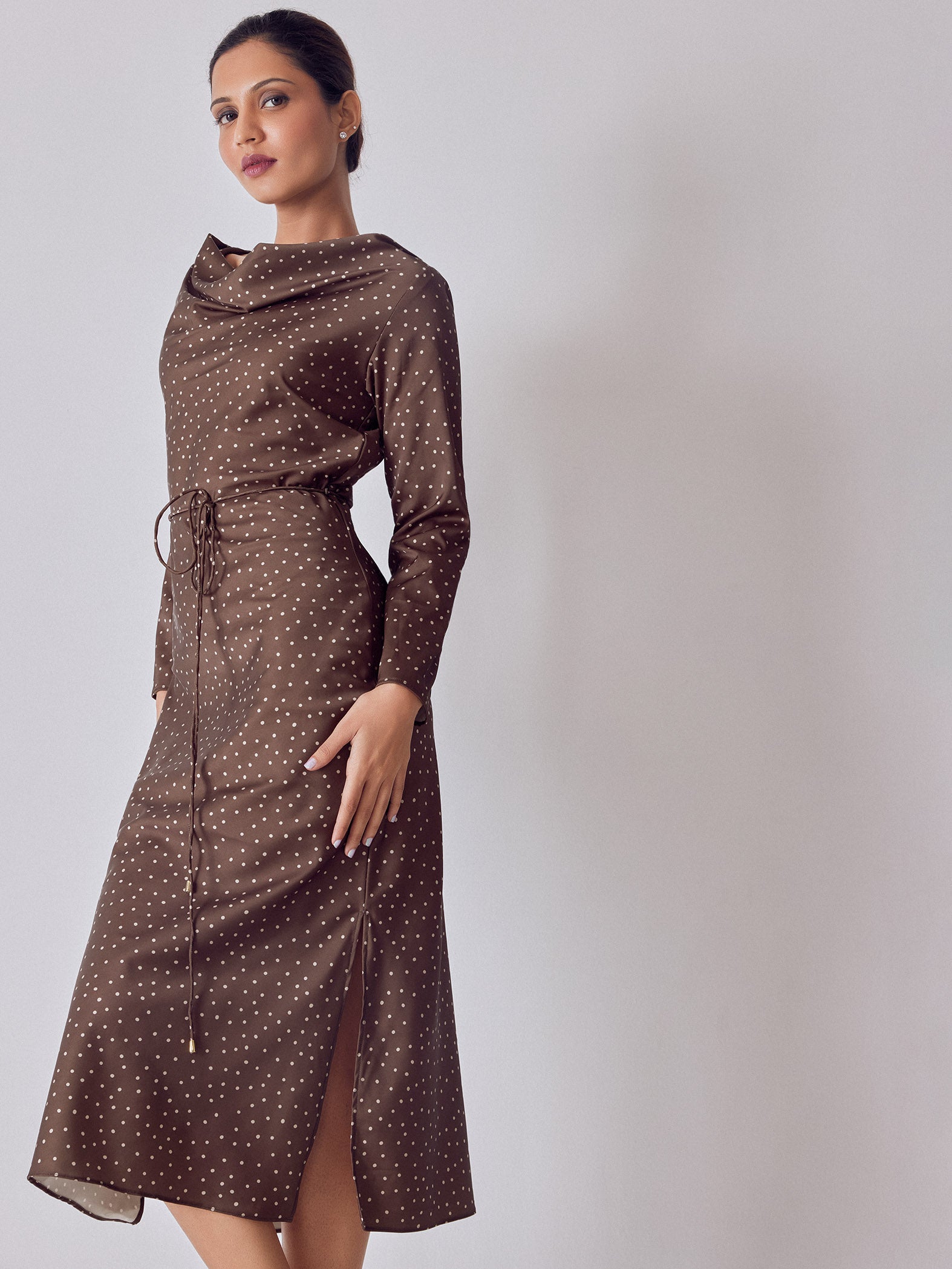 Cocoa Polka Satin Maxi Dress