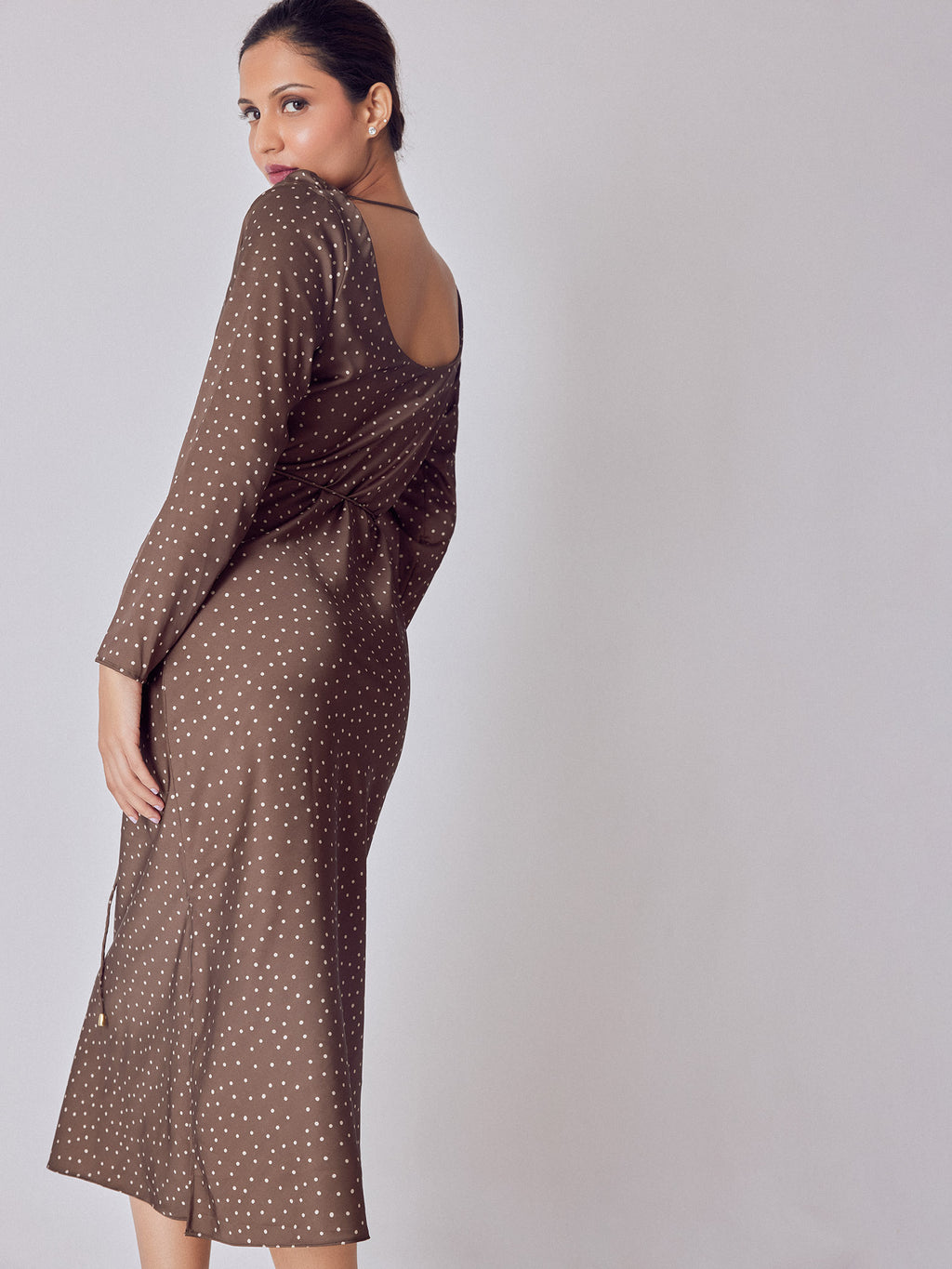 Cocoa Polka Satin Maxi Dress