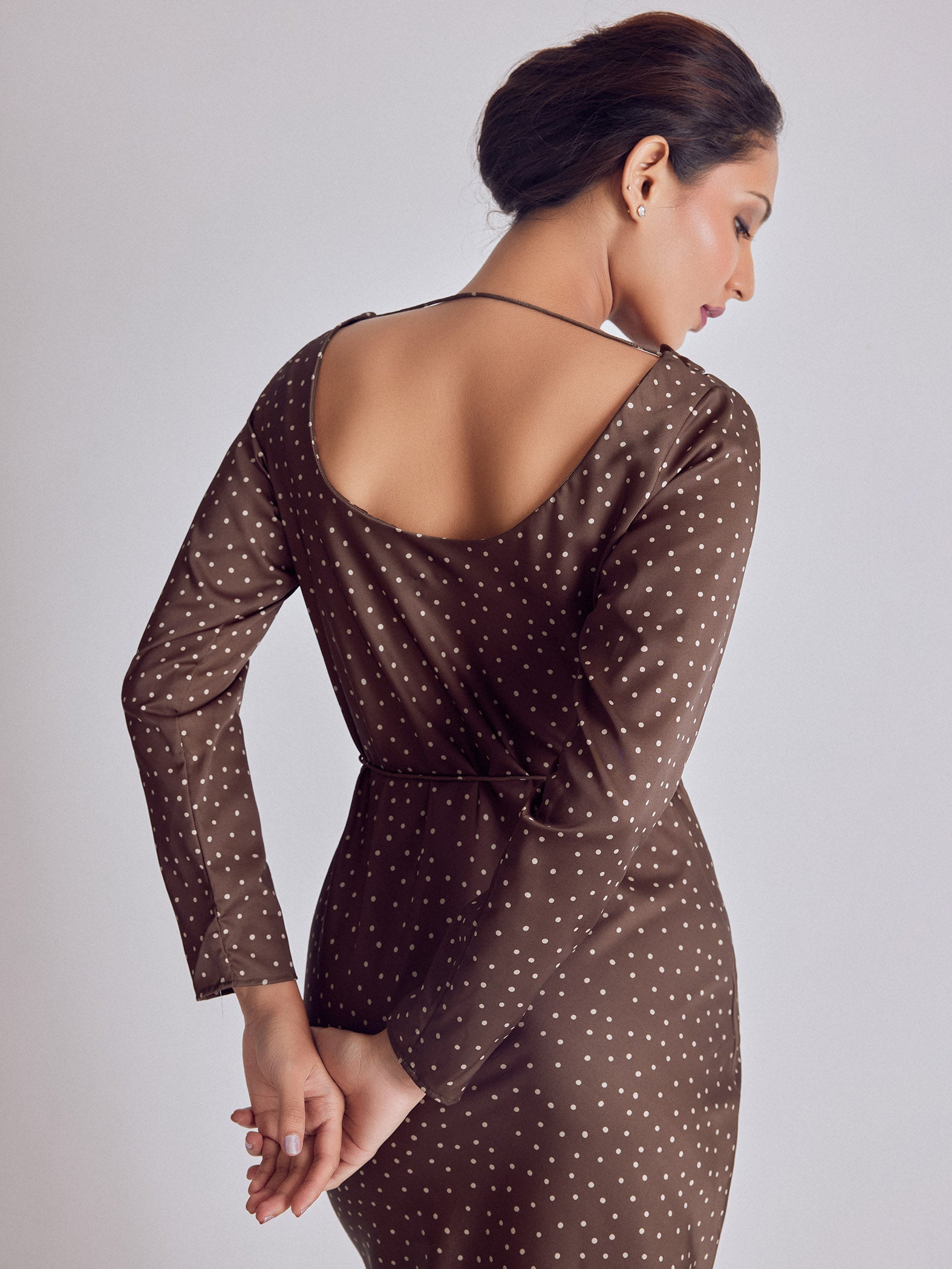 Cocoa Polka Satin Maxi Dress