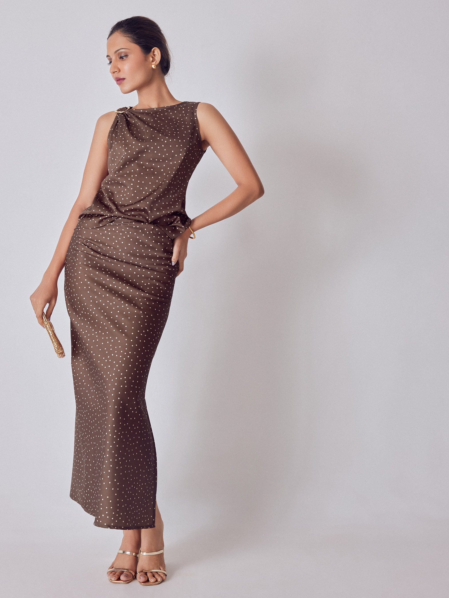 Cocoa Polka Satin Maxi Skirt