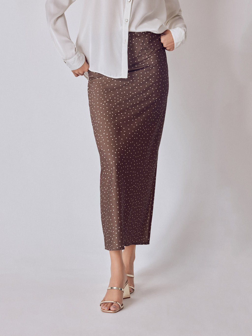 Cocoa Polka Satin Maxi Skirt