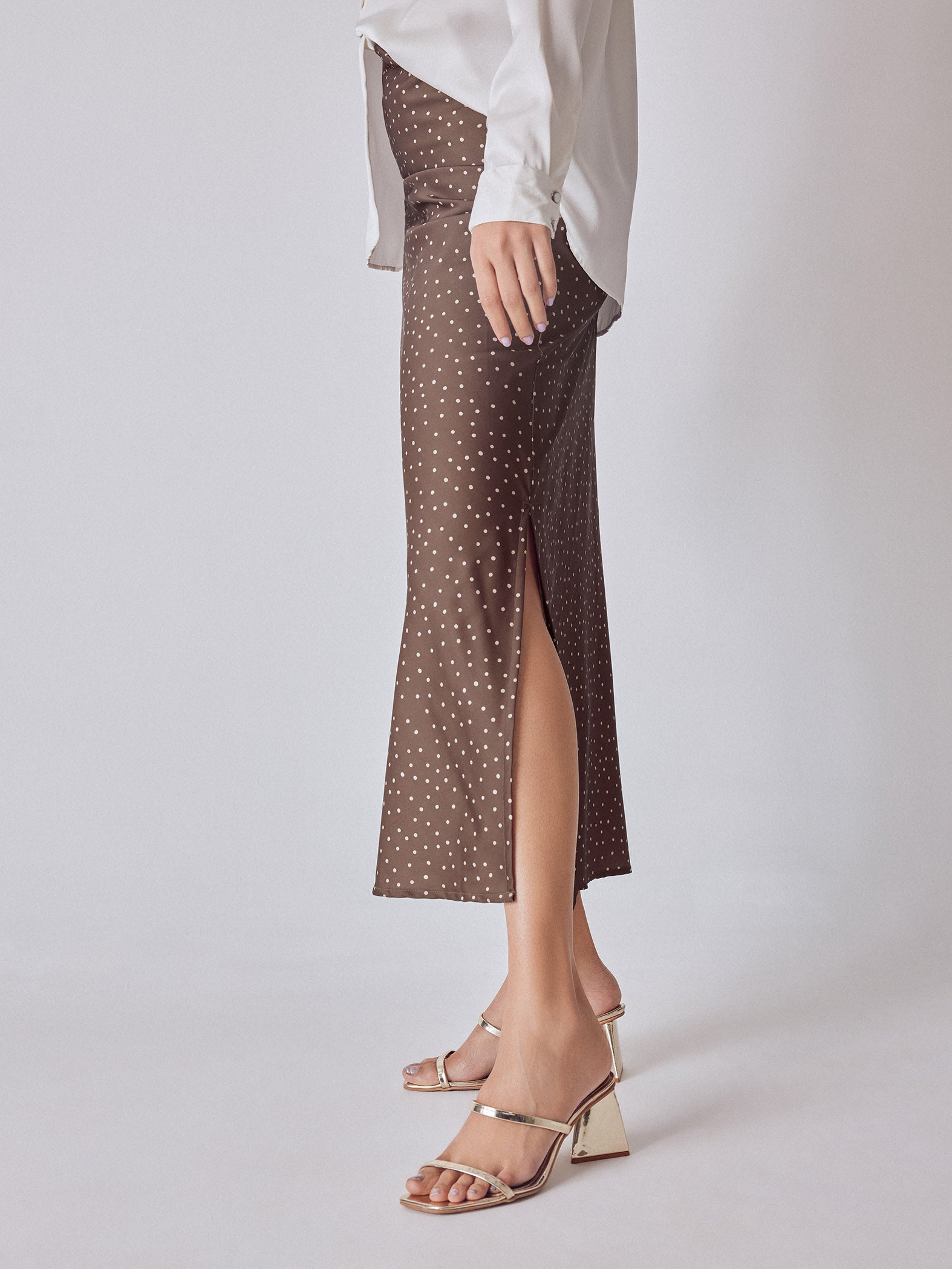 Cocoa Polka Satin Maxi Skirt