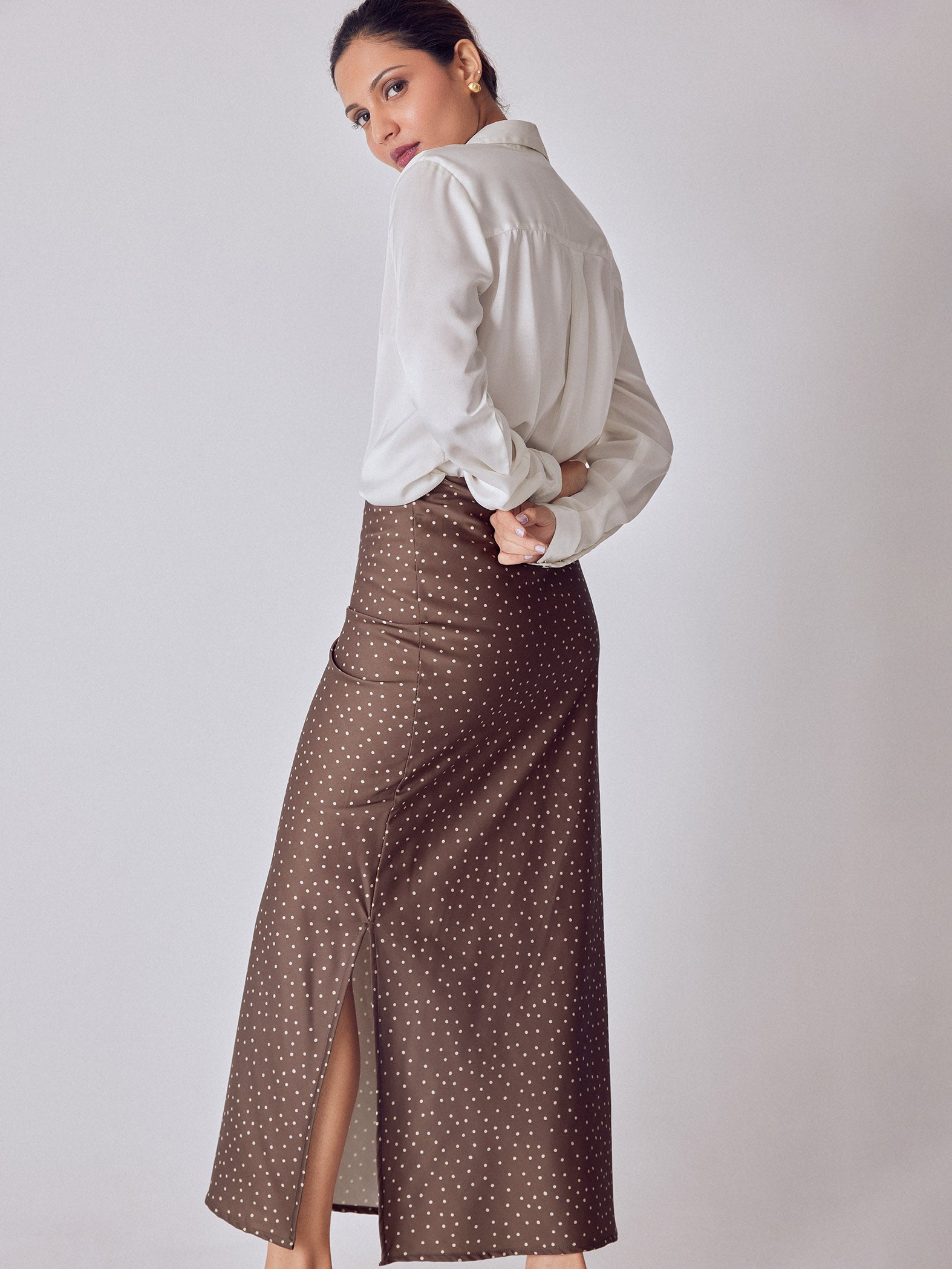 Cocoa Polka Satin Maxi Skirt
