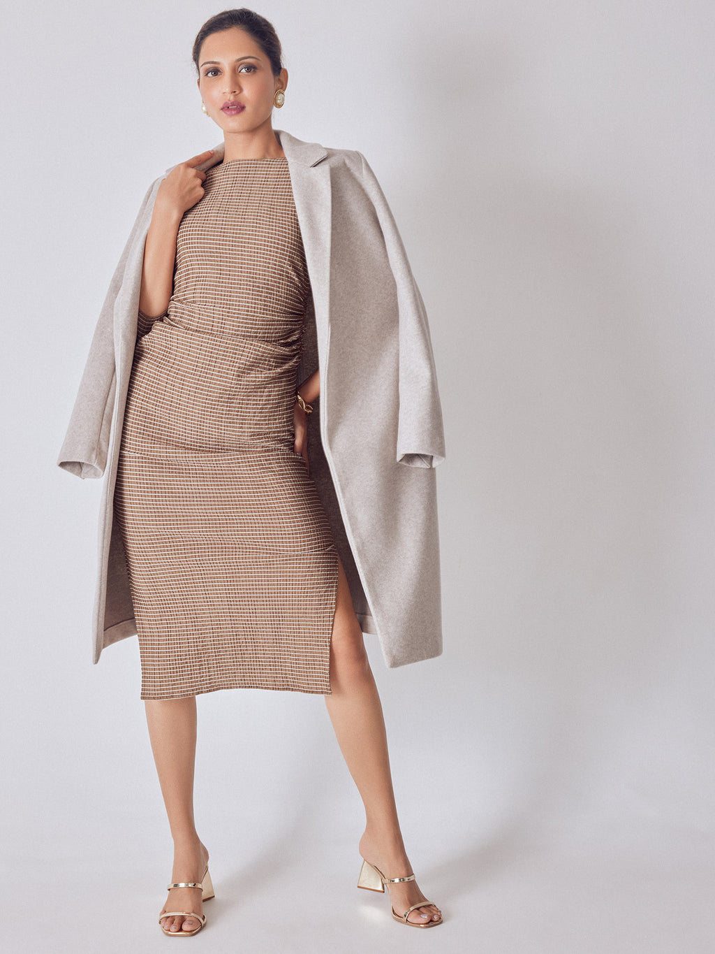 Cocoa Striped Ruched Midi Dress