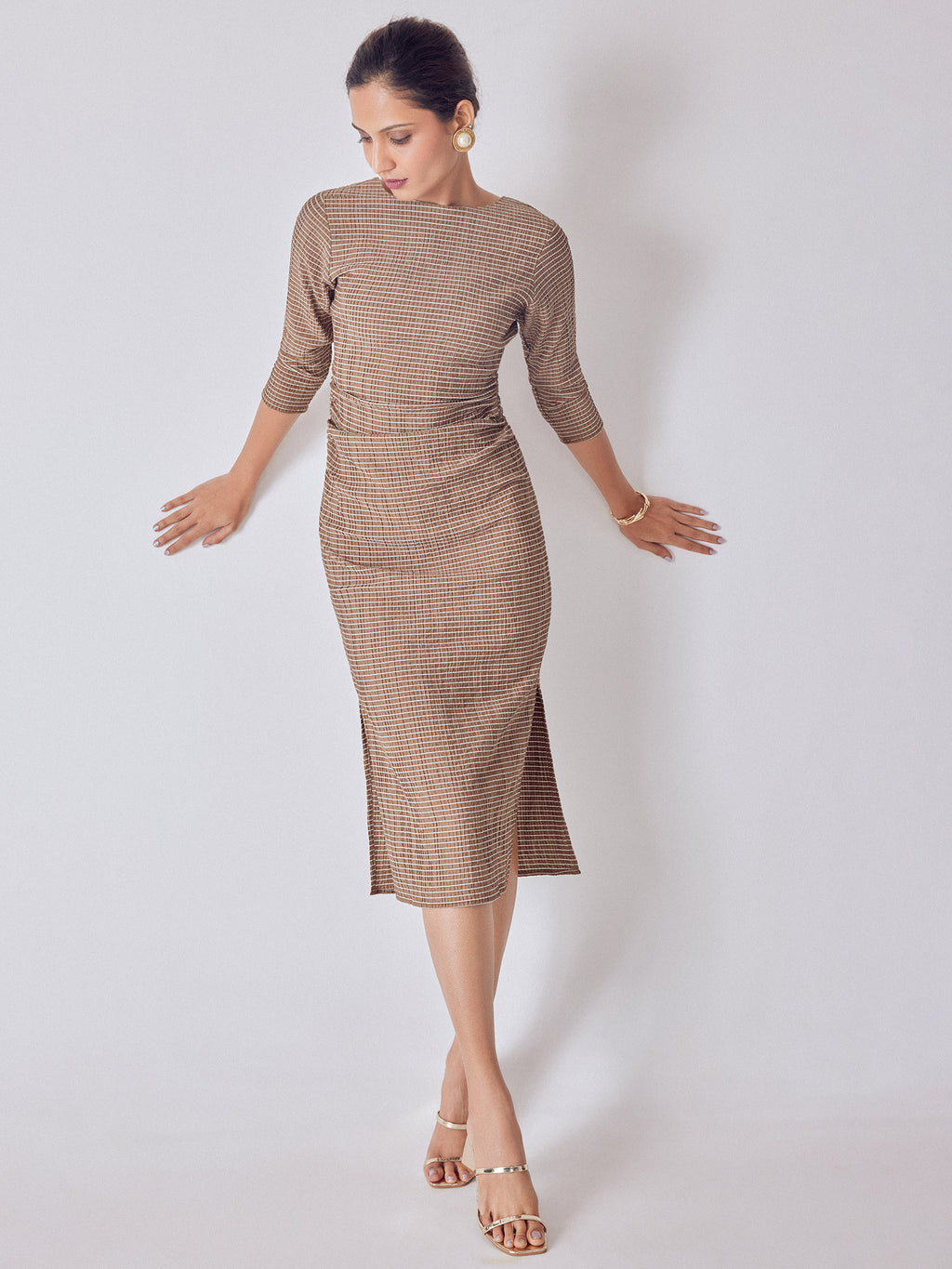Cocoa Striped Ruched Midi Dress