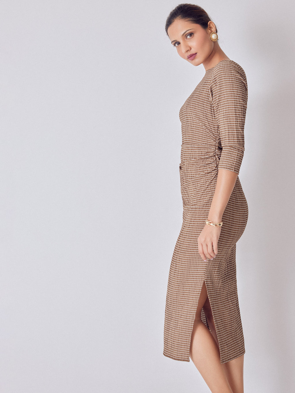 Cocoa Striped Ruched Midi Dress