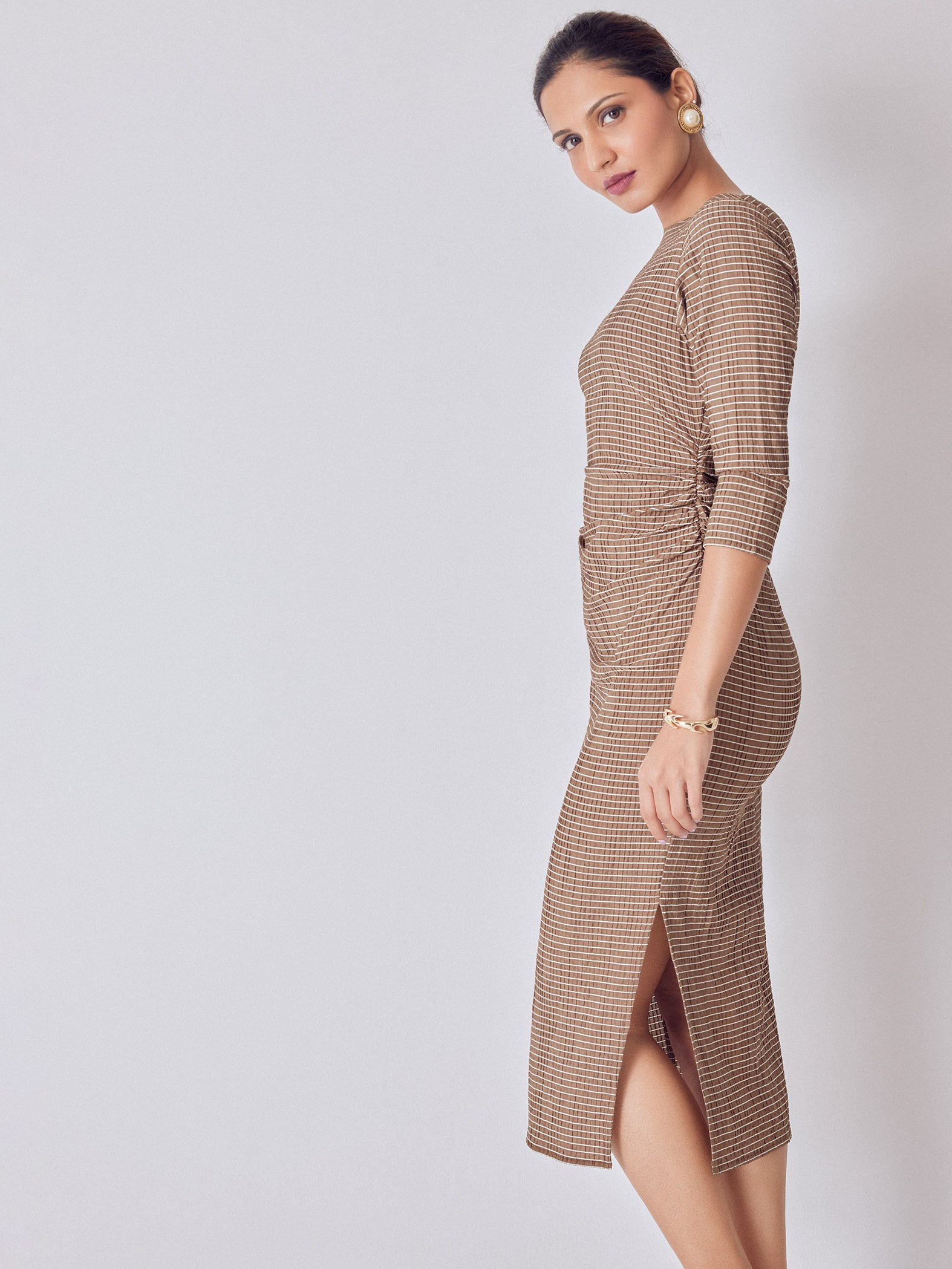 Cocoa Striped Ruched Midi Dress