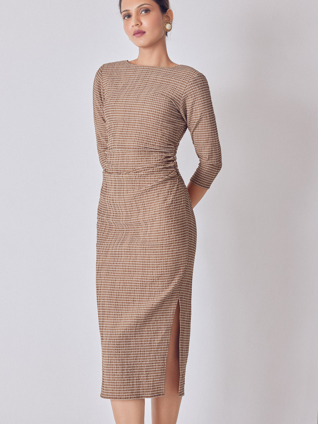Cocoa Striped Ruched Midi Dress