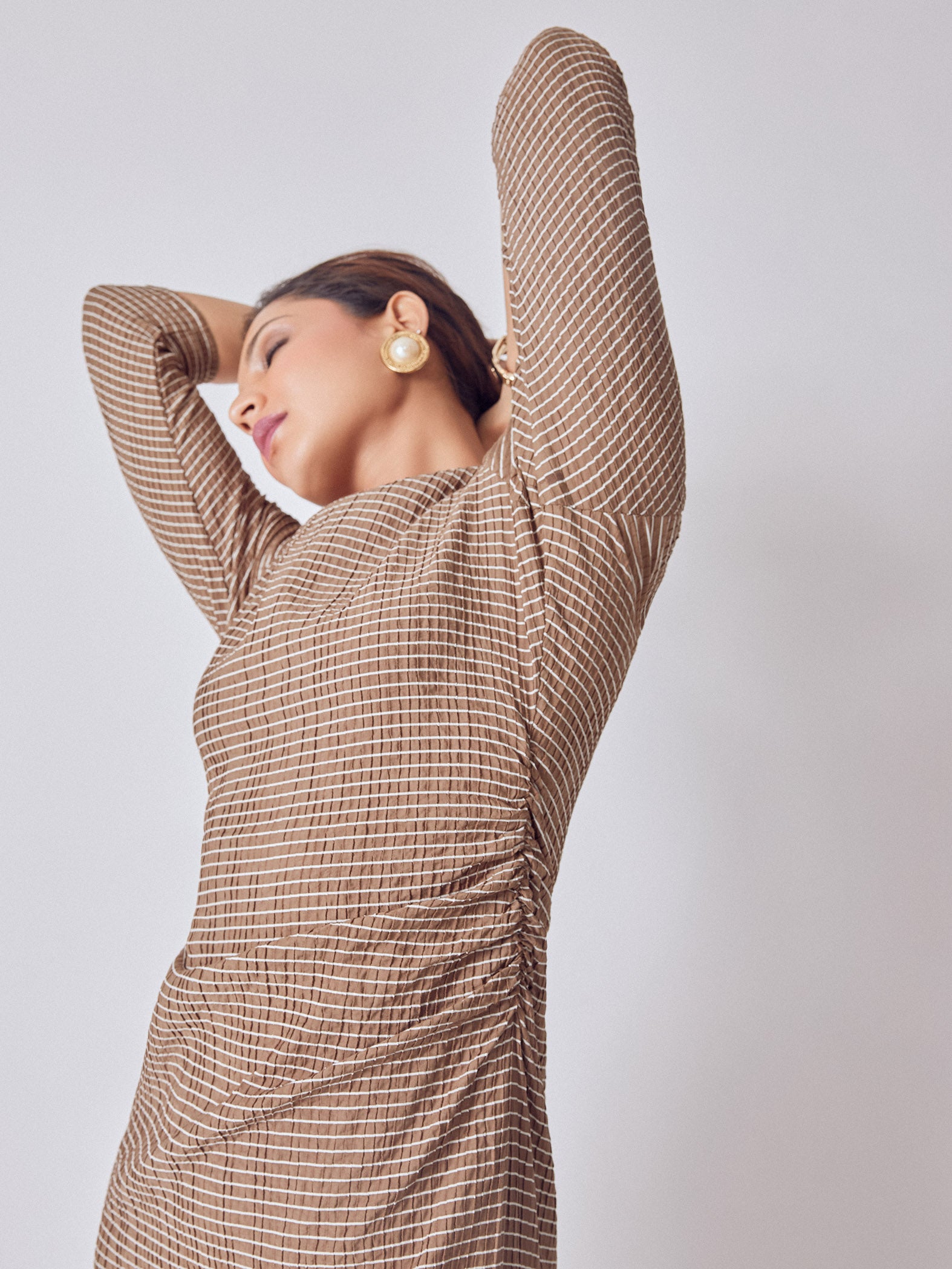 Cocoa Striped Ruched Midi Dress