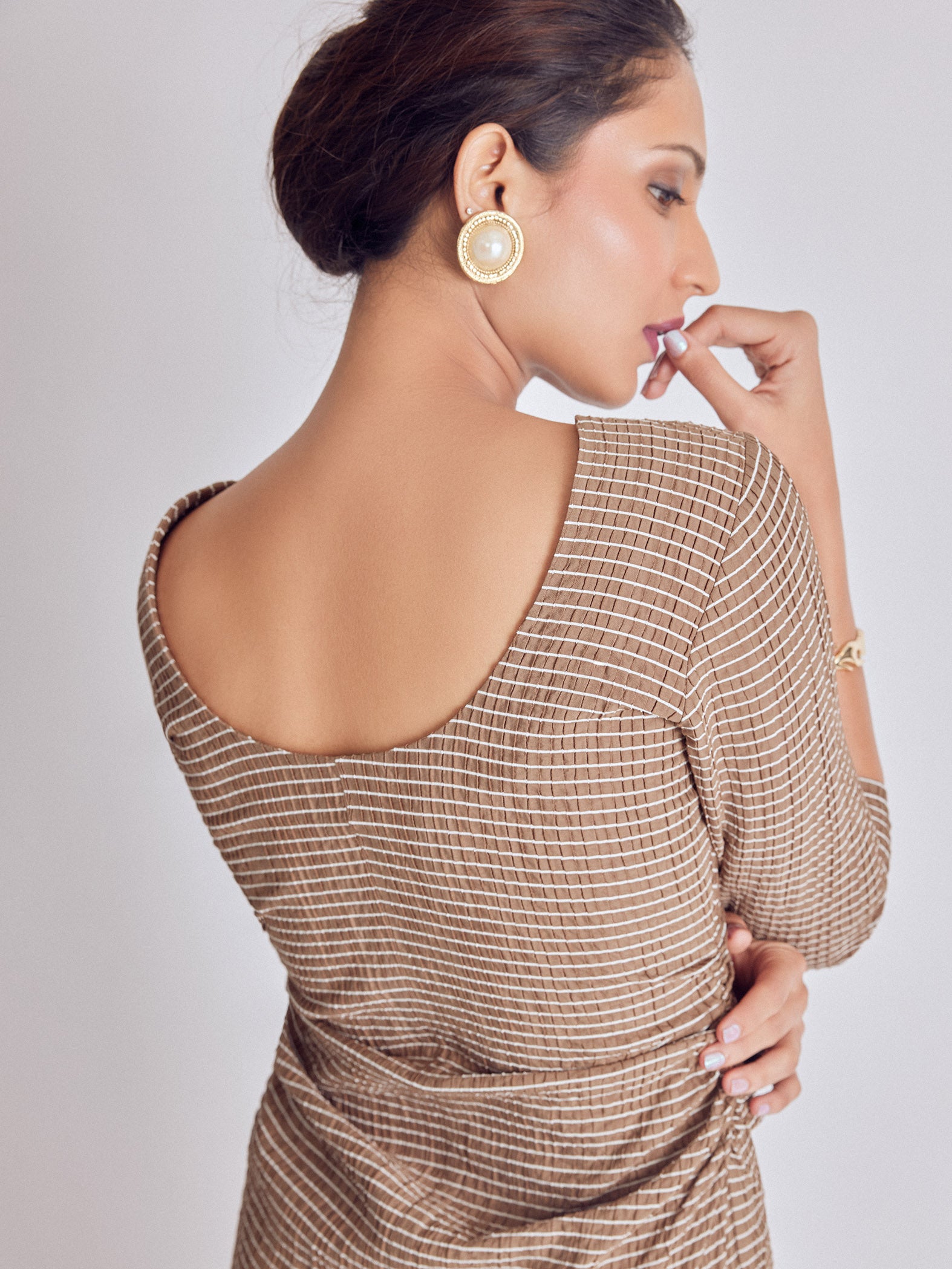 Cocoa Striped Ruched Midi Dress