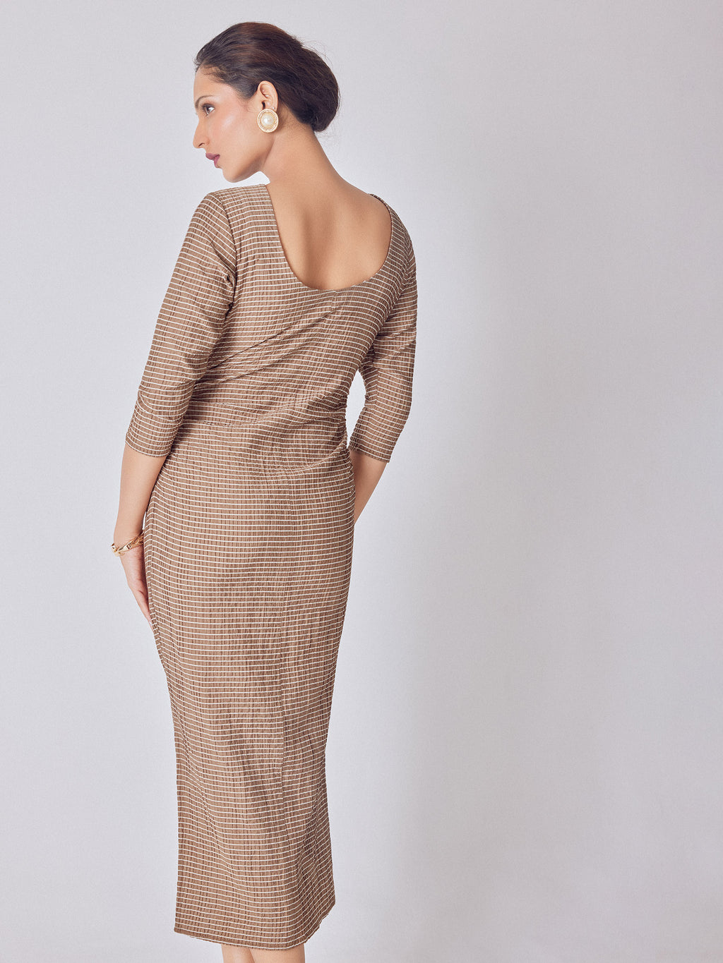 Cocoa Striped Ruched Midi Dress