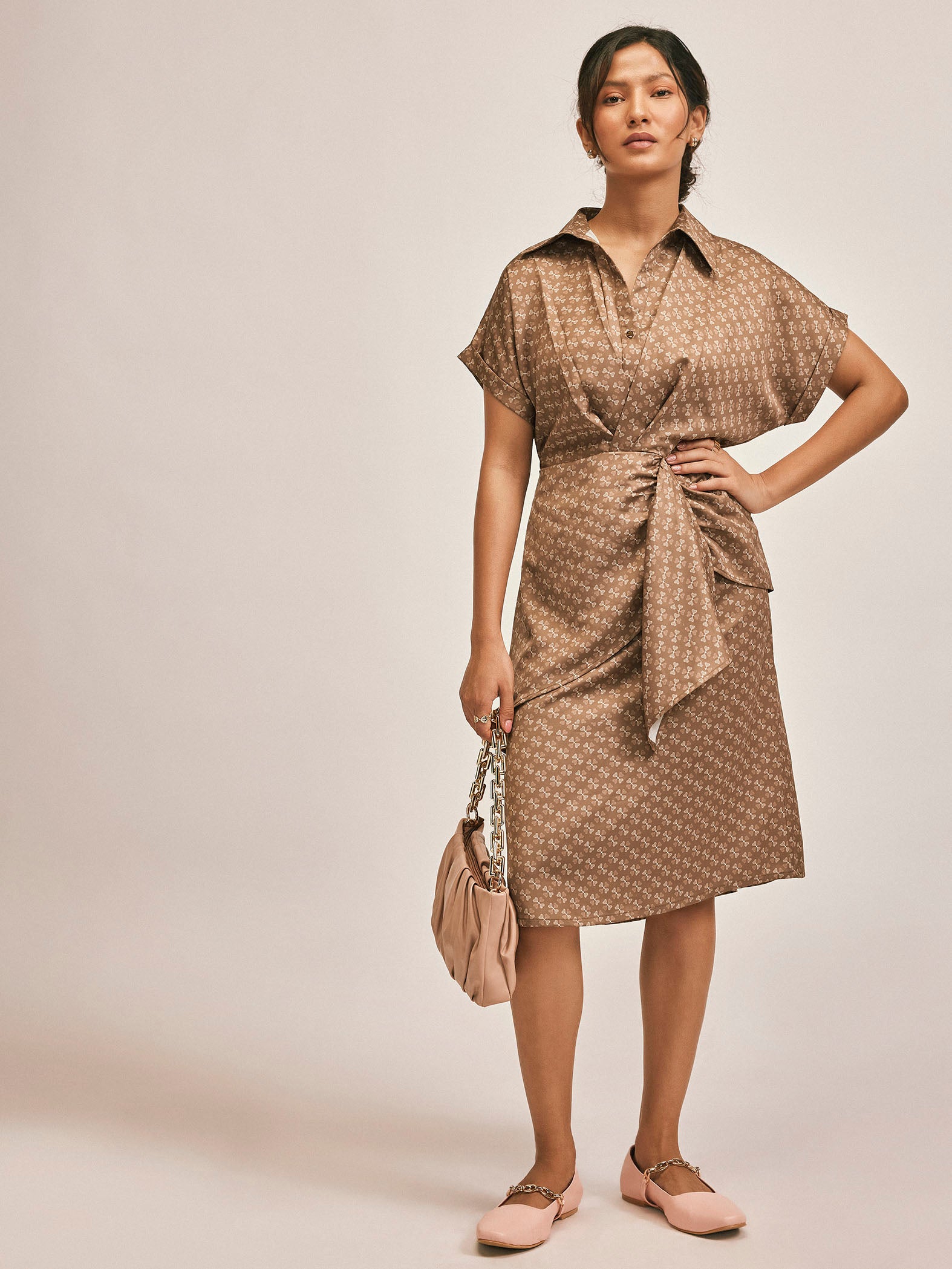 Coffee Key Monogram Drape Dress