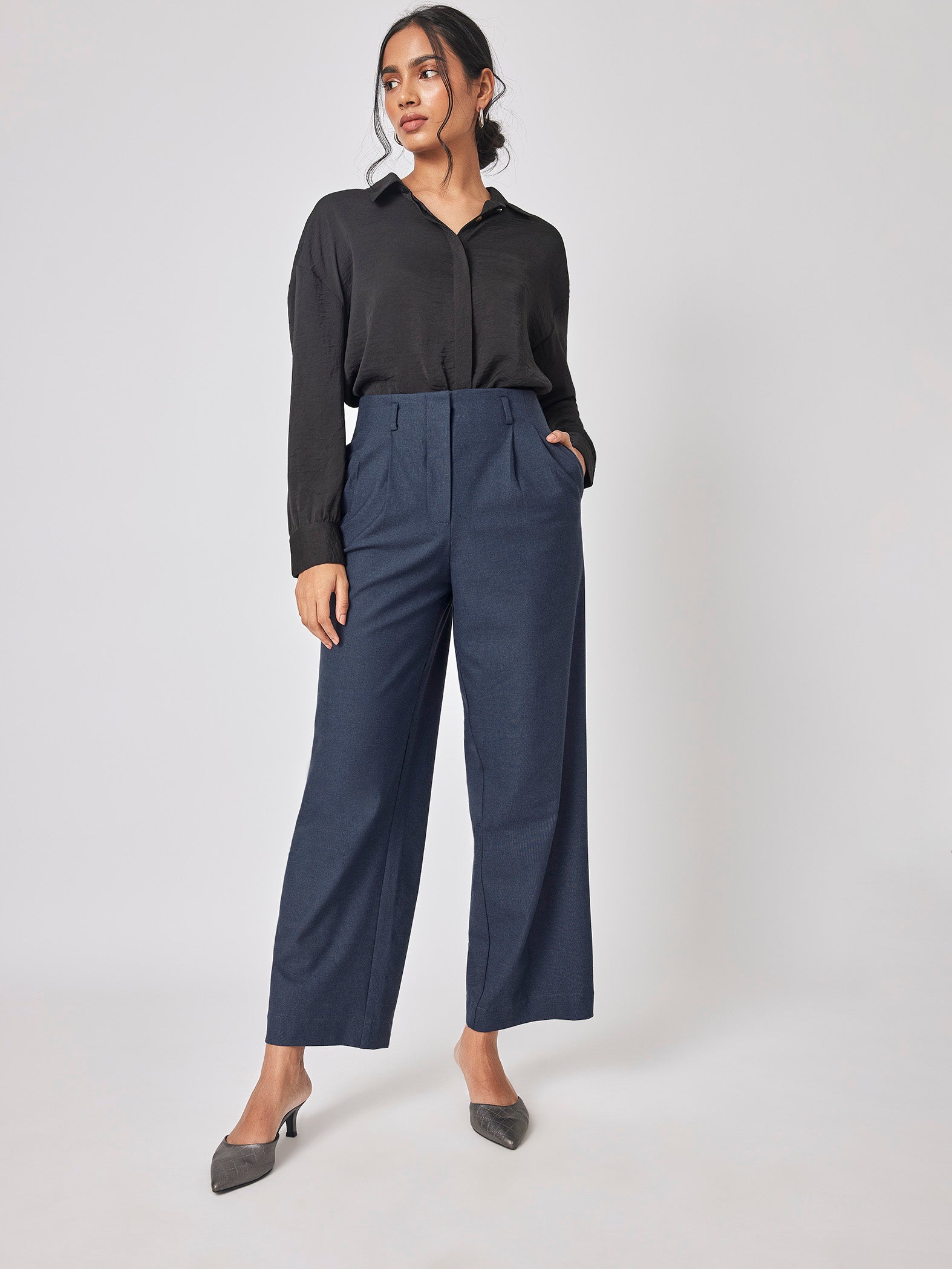 Dark Denim Blue Pleated Trousers