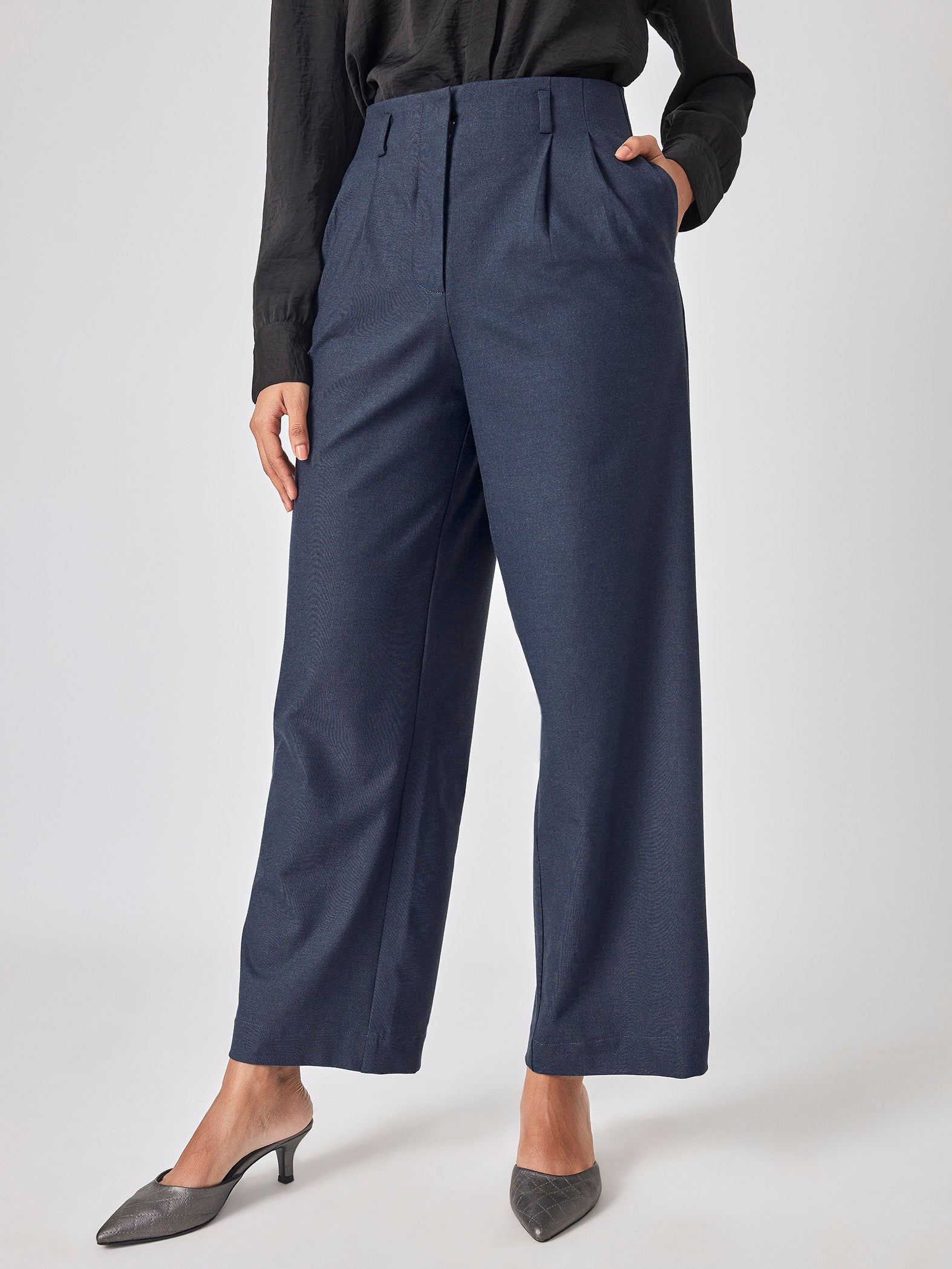 Dark Denim Blue Pleated Trousers