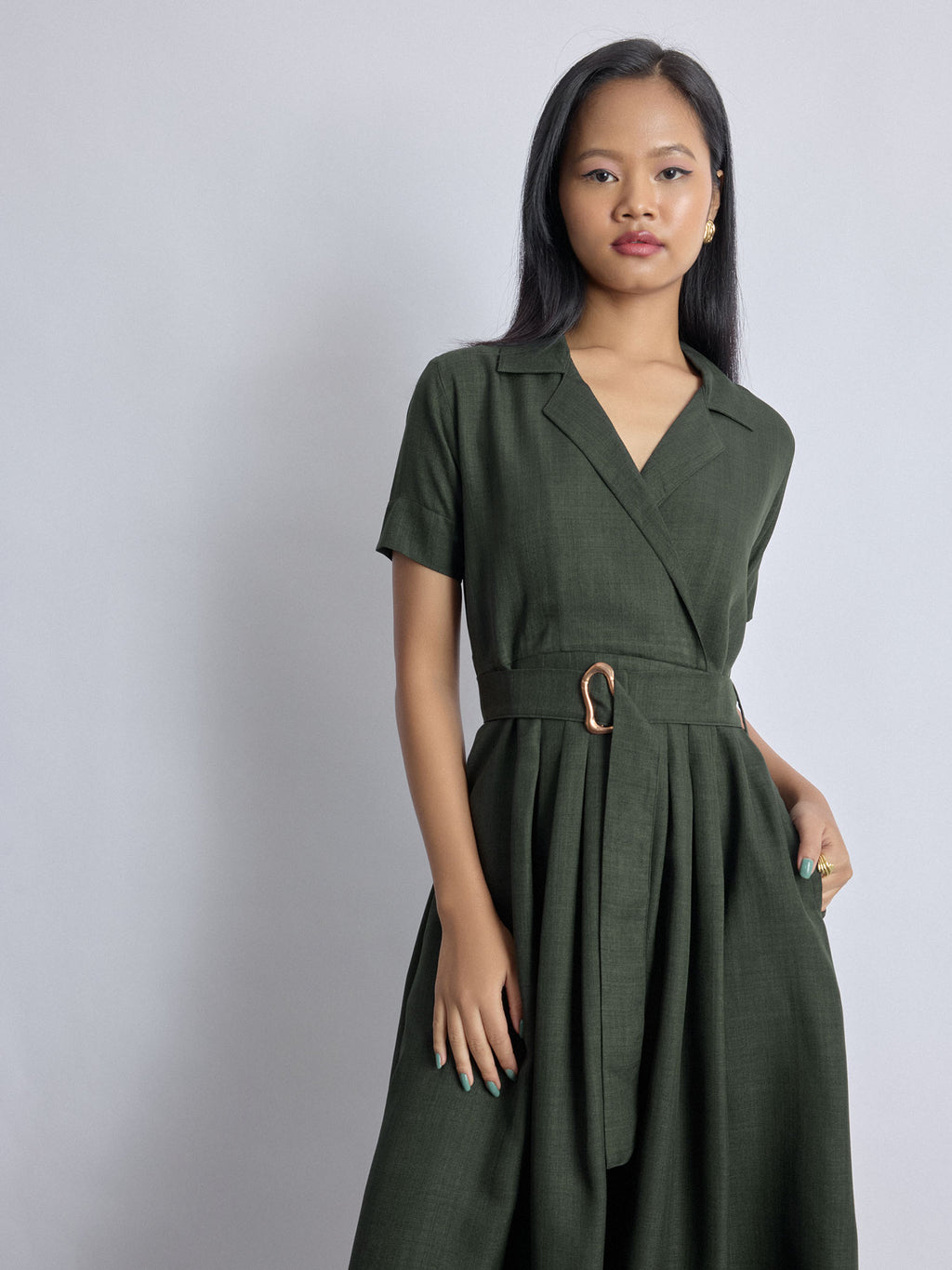 Dark Fern Linen Belted Dress
