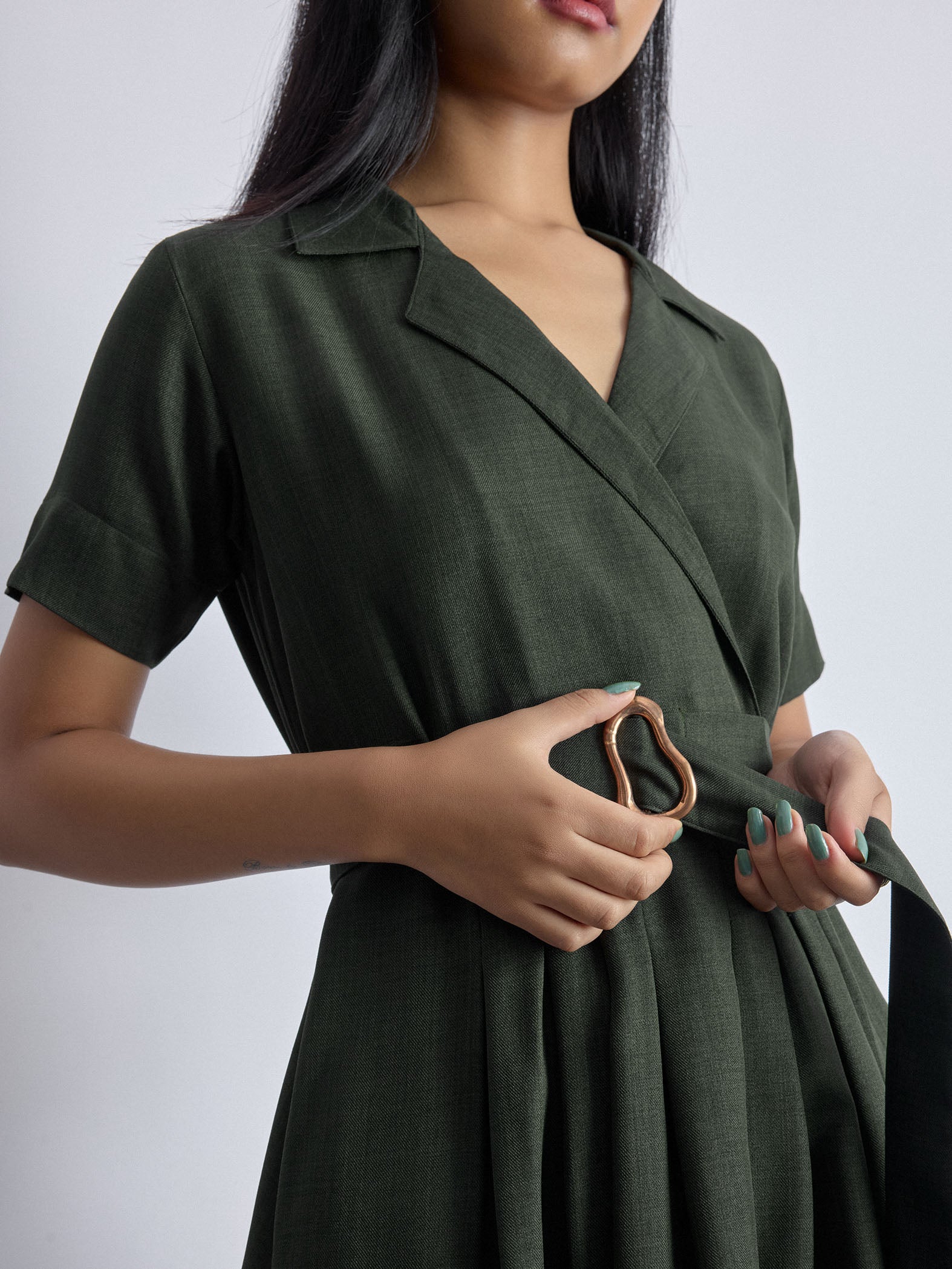 Dark Fern Linen Belted Dress