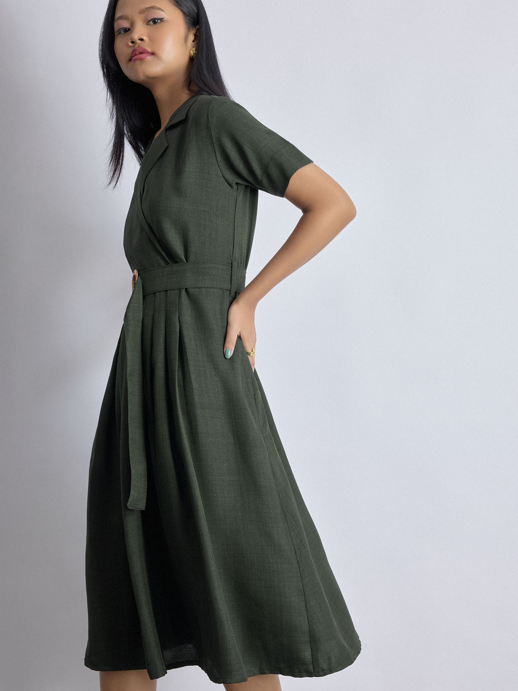 Dark Fern Linen Belted Dress