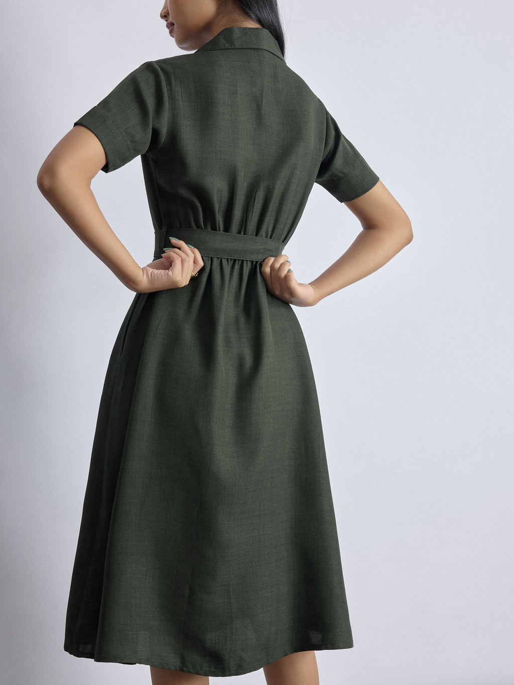 Dark Fern Linen Belted Dress