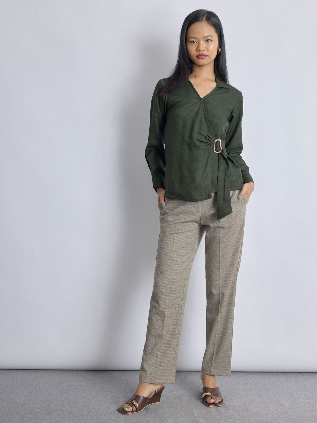 Dark Fern Linen Buckled Wrap Top