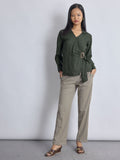 Dark Fern Linen Buckled Wrap Top