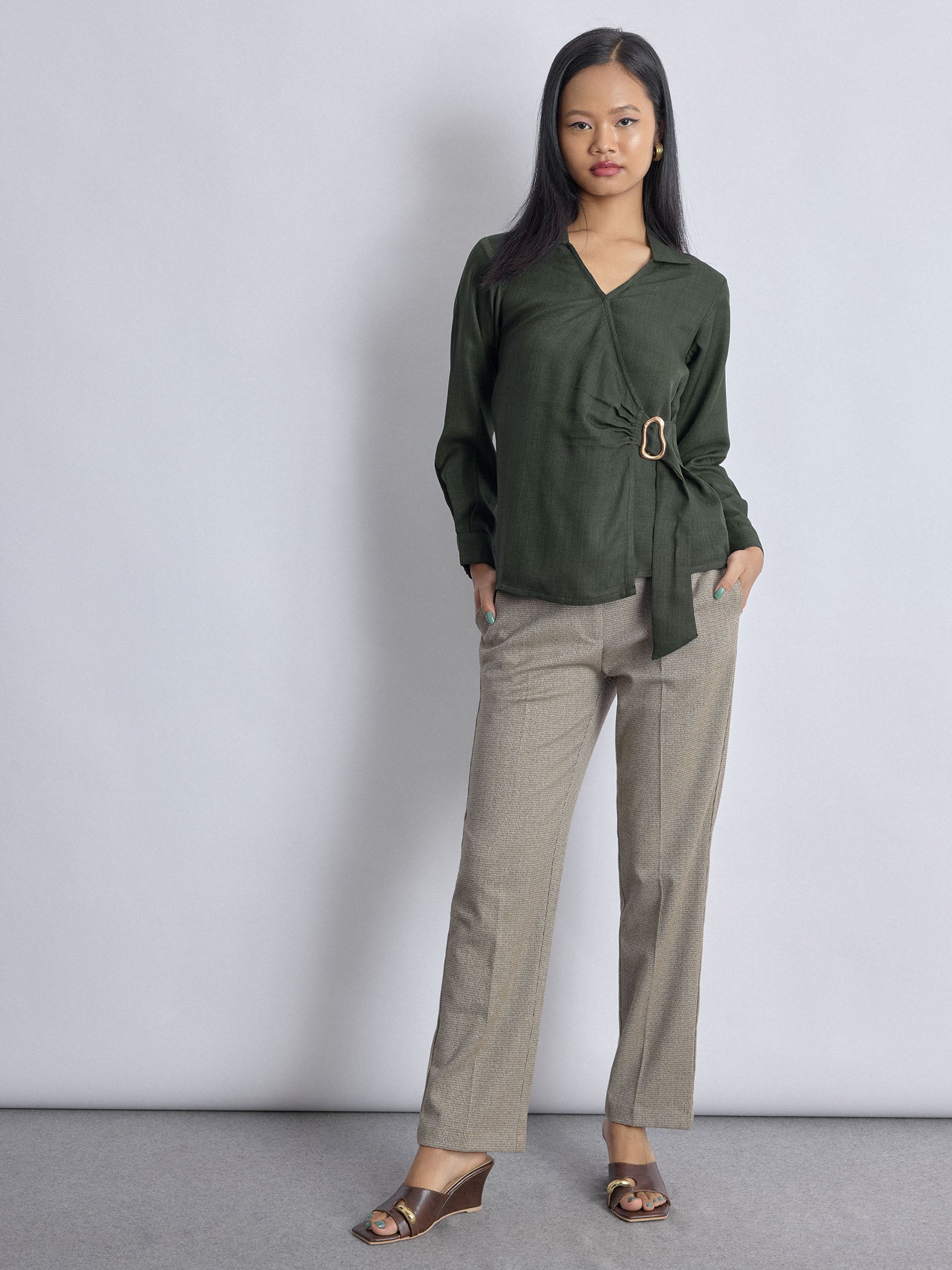 Dark Fern Linen Buckled Wrap Top