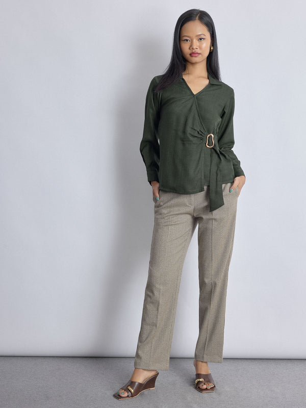 Dark Fern Linen Buckled Wrap Top