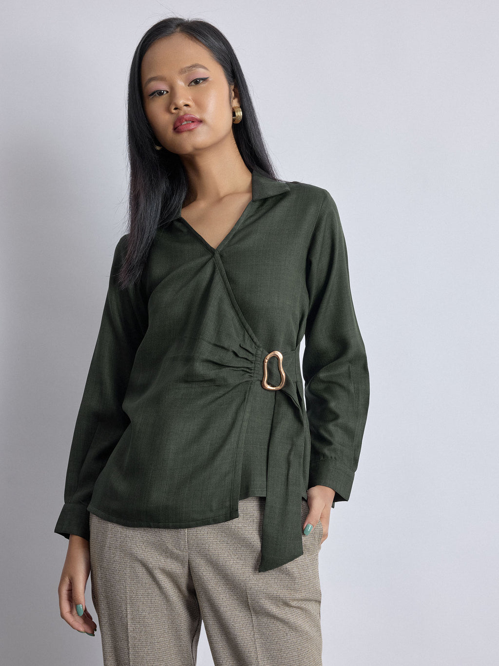 Dark Fern Linen Buckled Wrap Top