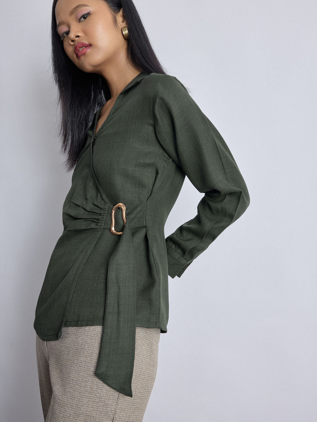 Dark Fern Linen Buckled Wrap Top